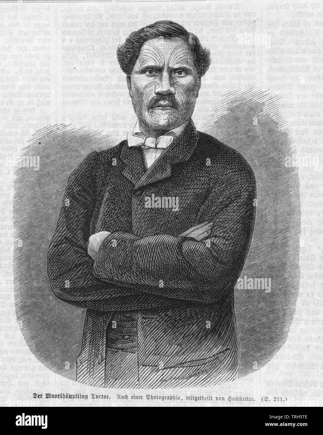 I maori chief Toetoe, basata su una tecnica fotografica da Hochstetter,persone, a mezza lunghezza e mezza lunghezza, Uomo, uomini, maschio, Manly, arte fotografica, arte fotografica, Additional-Rights-Clearance-Info-Not-Available Foto Stock