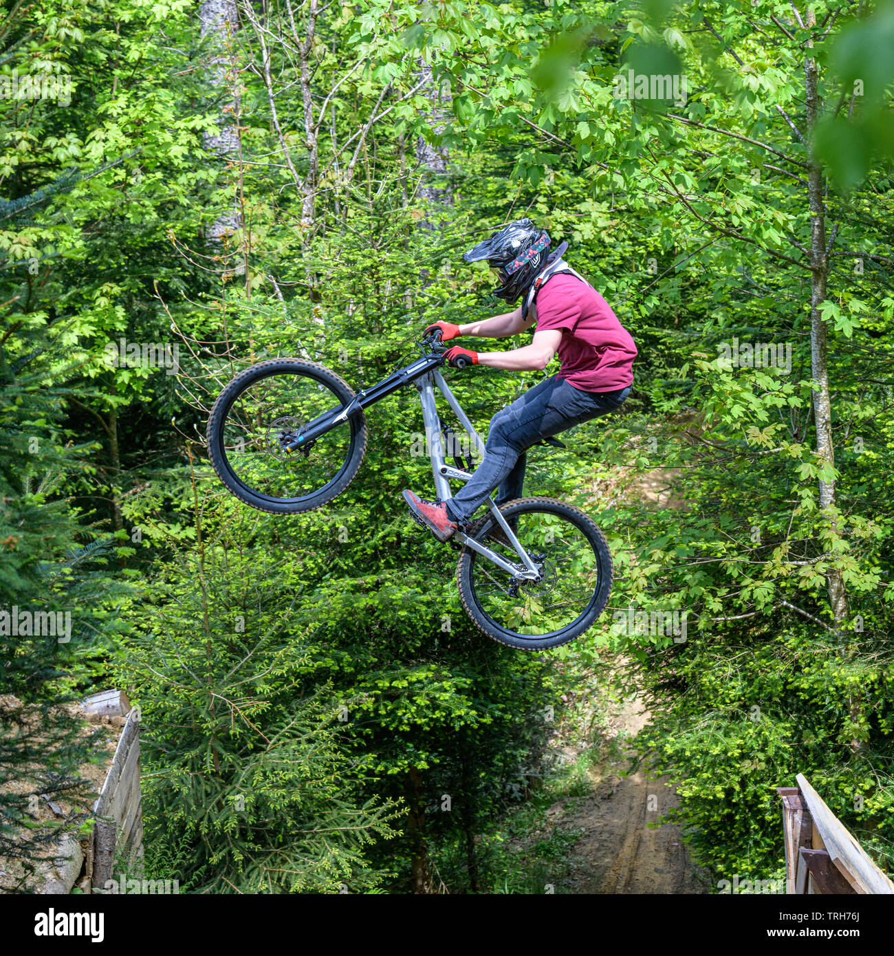 Sessione di salto di giovani professionisti della mountain bike in un bike park in foresta Foto Stock
