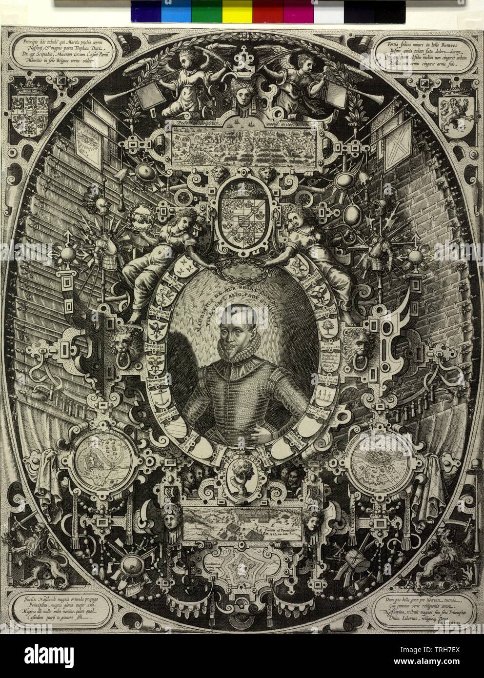 Maurice, principe di Orange, conte di Nassau, mezza lunghezza, semi lefthand, bareheaded, con baffi e barba e baffi, Ruff, bevor, in cross-striped doppietto, a sinistra all'anca, Superiore generale della doppia-distanziati trascrizione latina, ovale di inquadratura interna contenente unite ghirlanda con lo stemma, nome, i dati della sua conquista luoghi, concentrica al di sopra dei suoi invertiti stemma nel cartiglio ovale, su entrambi i lati sopra due sulla definizione figura distesa allegorie femmina, circa il suo generale unite alloro mantiene la abbracciano cornice ovale cost, Additional-Rights-Clearance-Info-Not-Available Foto Stock