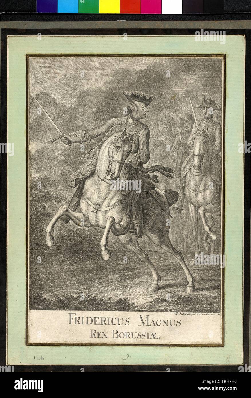 Federico II di Prussia sul cavallo, incisione su rame da Berolini basato su un modello di Daniel Chodowiecki. bordo dorato e dipinto in acquerelli framing, Additional-Rights-Clearance-Info-Not-Available Foto Stock