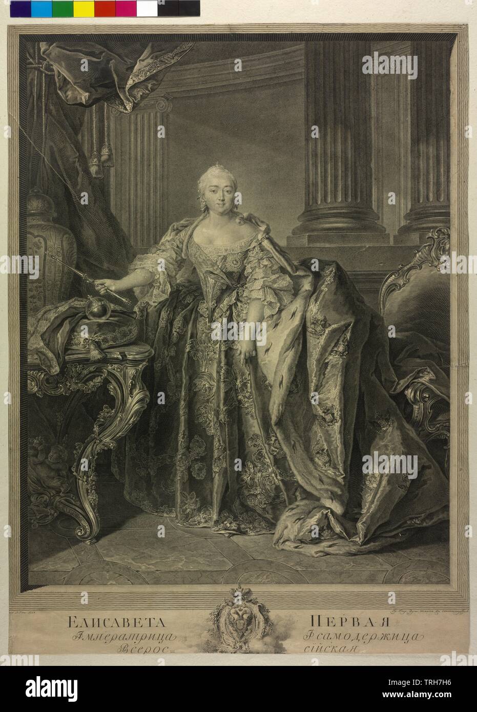 Elisabeth Petrowna, imperatrice di Russia, picture (figura intera in piedi, en viso), incisione di Georg Frederick Schmidt basato su un dipinto di Louis Tocque, Additional-Rights-Clearance-Info-Not-Available Foto Stock