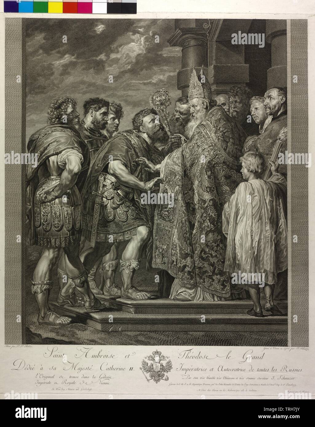 Ambrogio di Milano e san, il Sant'Ambrogio rifiuta l'imperatore Teodosio I l'accesso alla chiesa. incisione di Jakob Schmutzer basato su un dipinto di Peter Paul Rubens, indicare e datata 1784, artista del diritto d'autore non deve essere cancellata Foto Stock