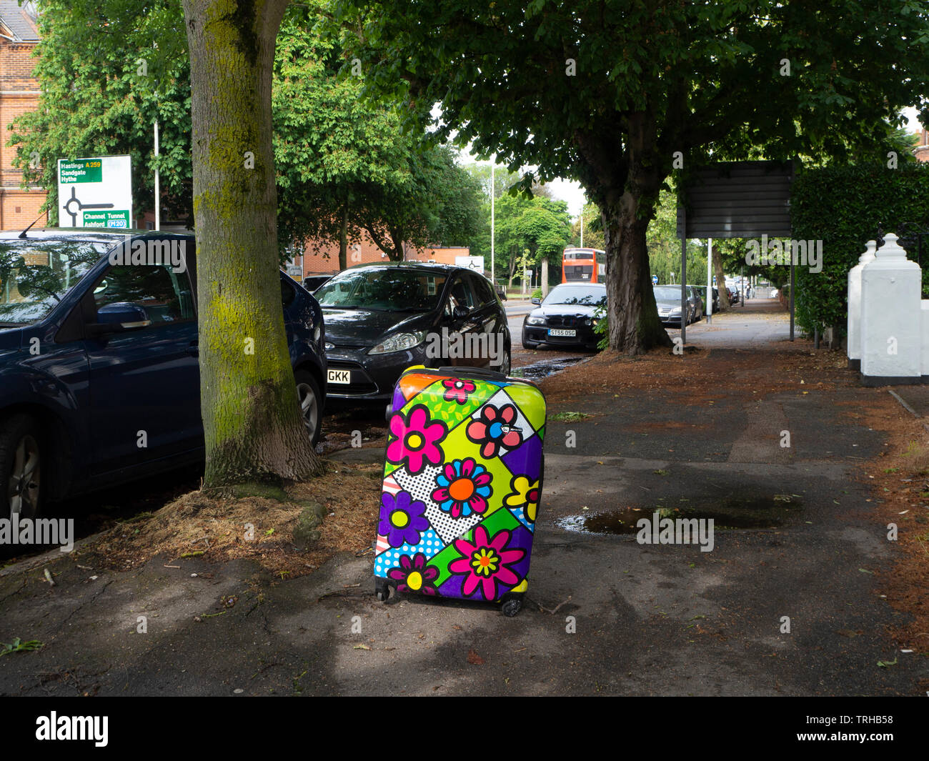 Valigia con ruote con guscio rigido floreale e patchwork di sinistra Foto Stock