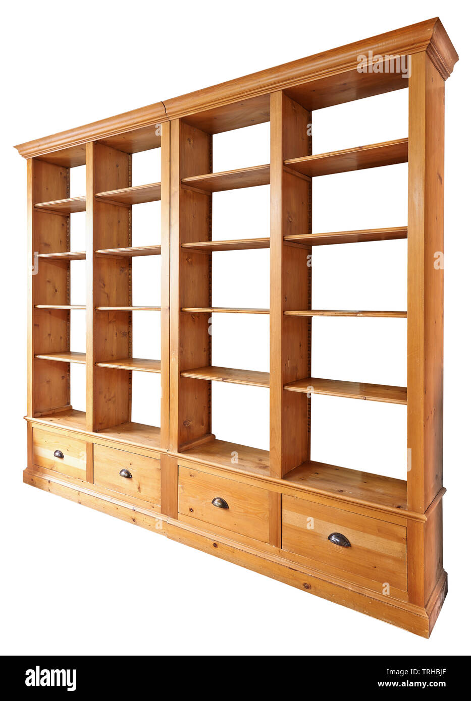 Vuoto doppia libreria in legno in vista prospettica isolata su bianco con tracciato di ritaglio Foto Stock