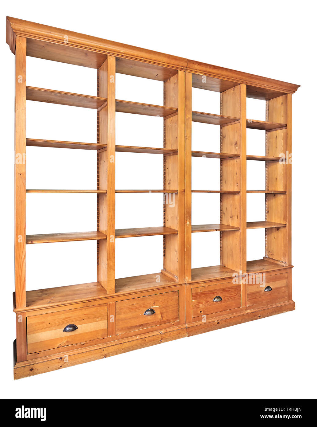 Vuoto doppia libreria in legno in vista prospettica isolata su bianco con tracciato di ritaglio Foto Stock