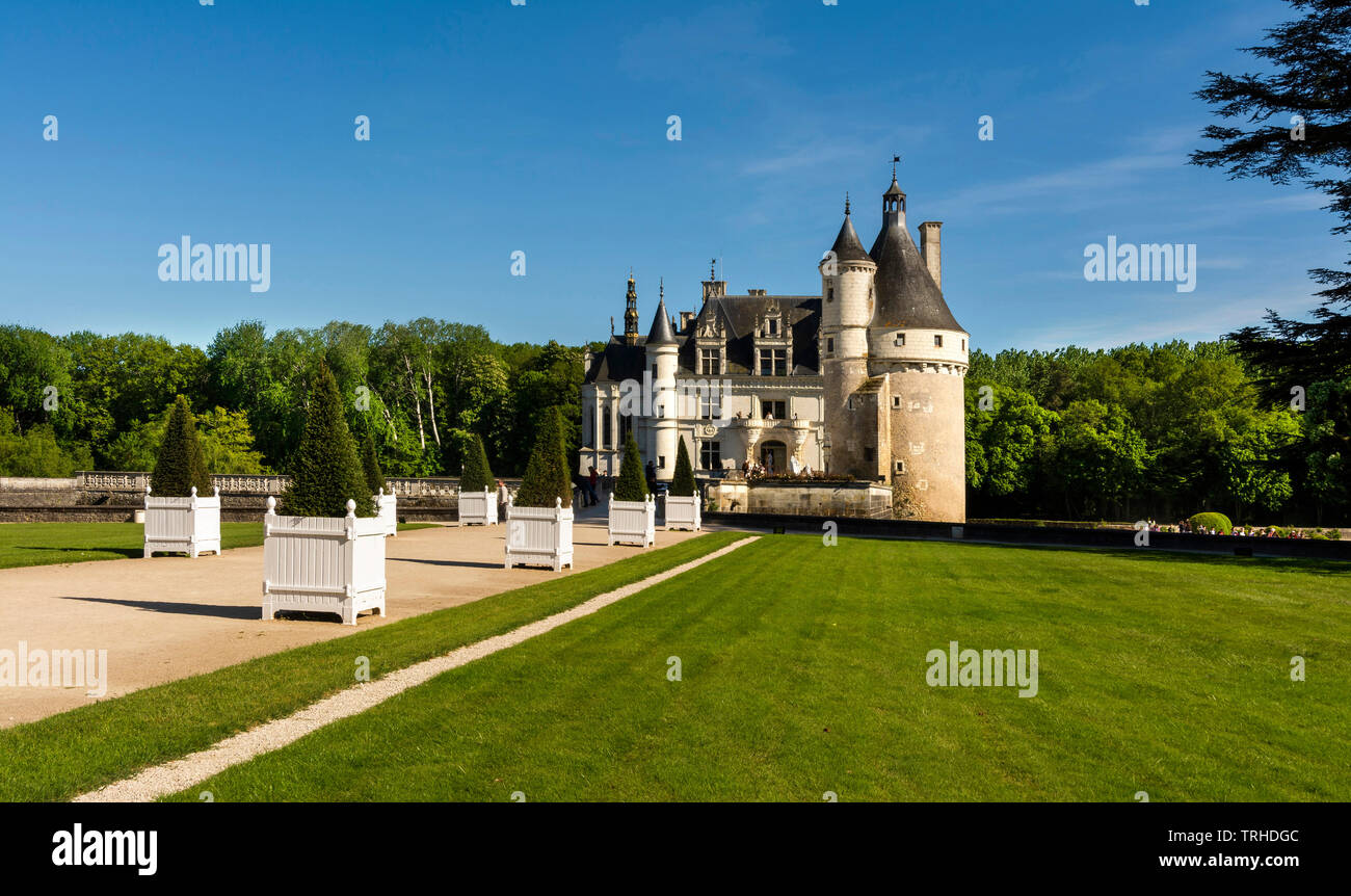 Castello di Chenonceau che attraversano il fiume Cher, Valle della Loira, Indre et Loire department, Center-Val de Loire, Francia Foto Stock