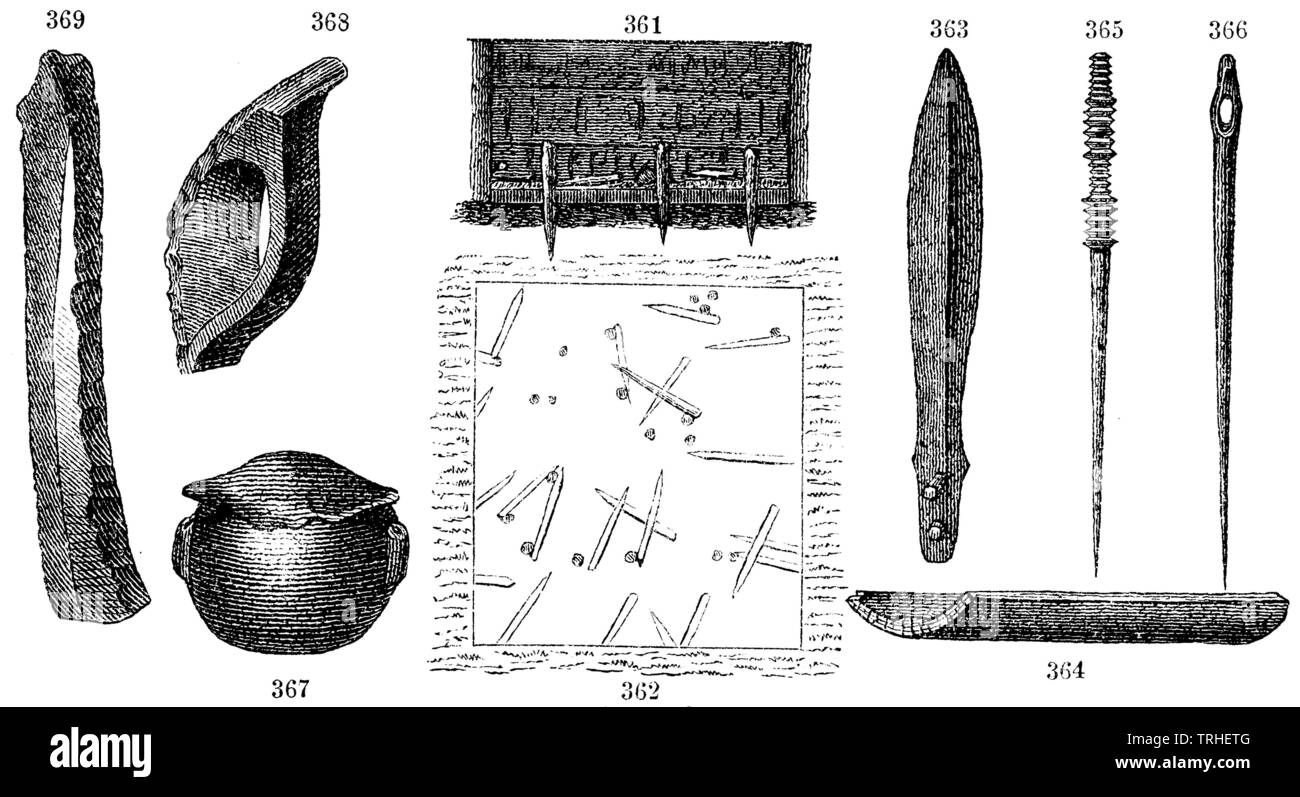 Trova Mercurago. 361) Media, 362) Piano terra della pila abitazioni di Mercurago, 363) pugnale, 364) piroga, 365, 366) di aghi, 367) coperchio recipiente, 368) pot maniglia, 369) dei coltelli di selce, , (antropologia Prenota, 1874) Foto Stock