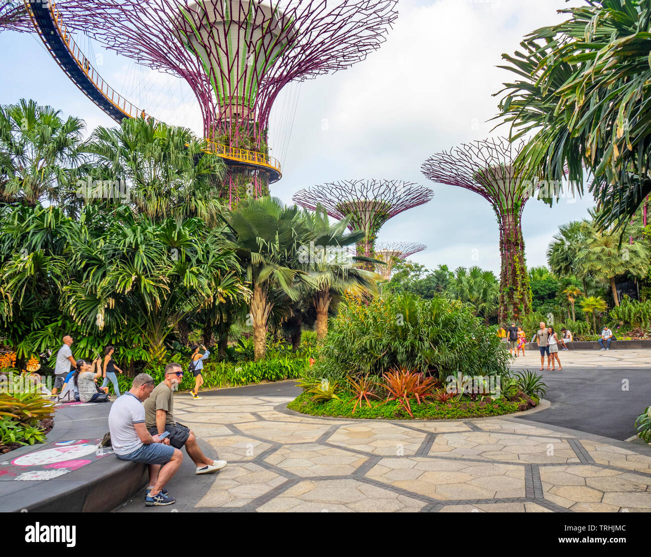 I turisti seduti al basamento in cemento di un Supertree presso i giardini dalla Baia di Singapore. Foto Stock