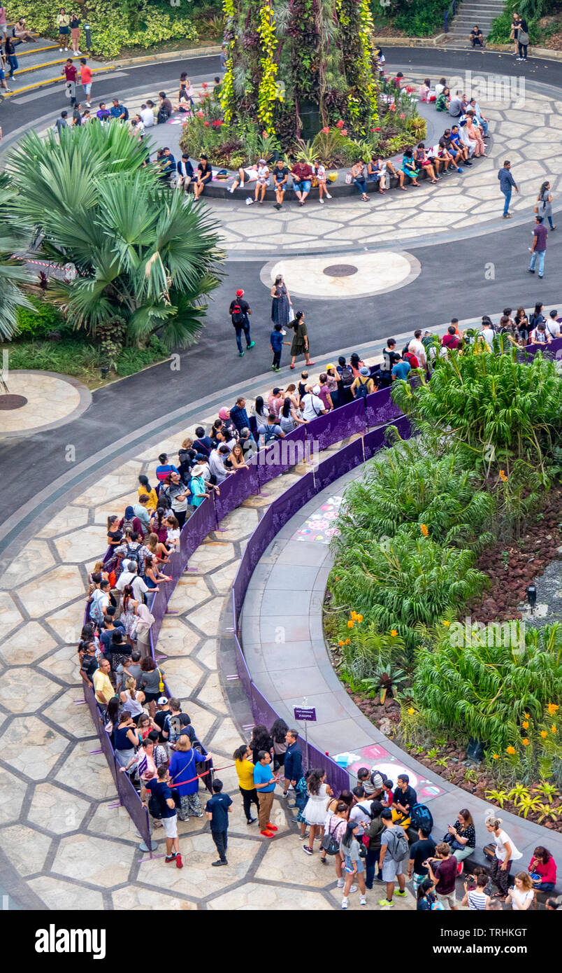 Coda di turisti in attesa di andare sulla passerella elevata nel Supertree Grove a giardini dalla Baia di Singapore. Foto Stock