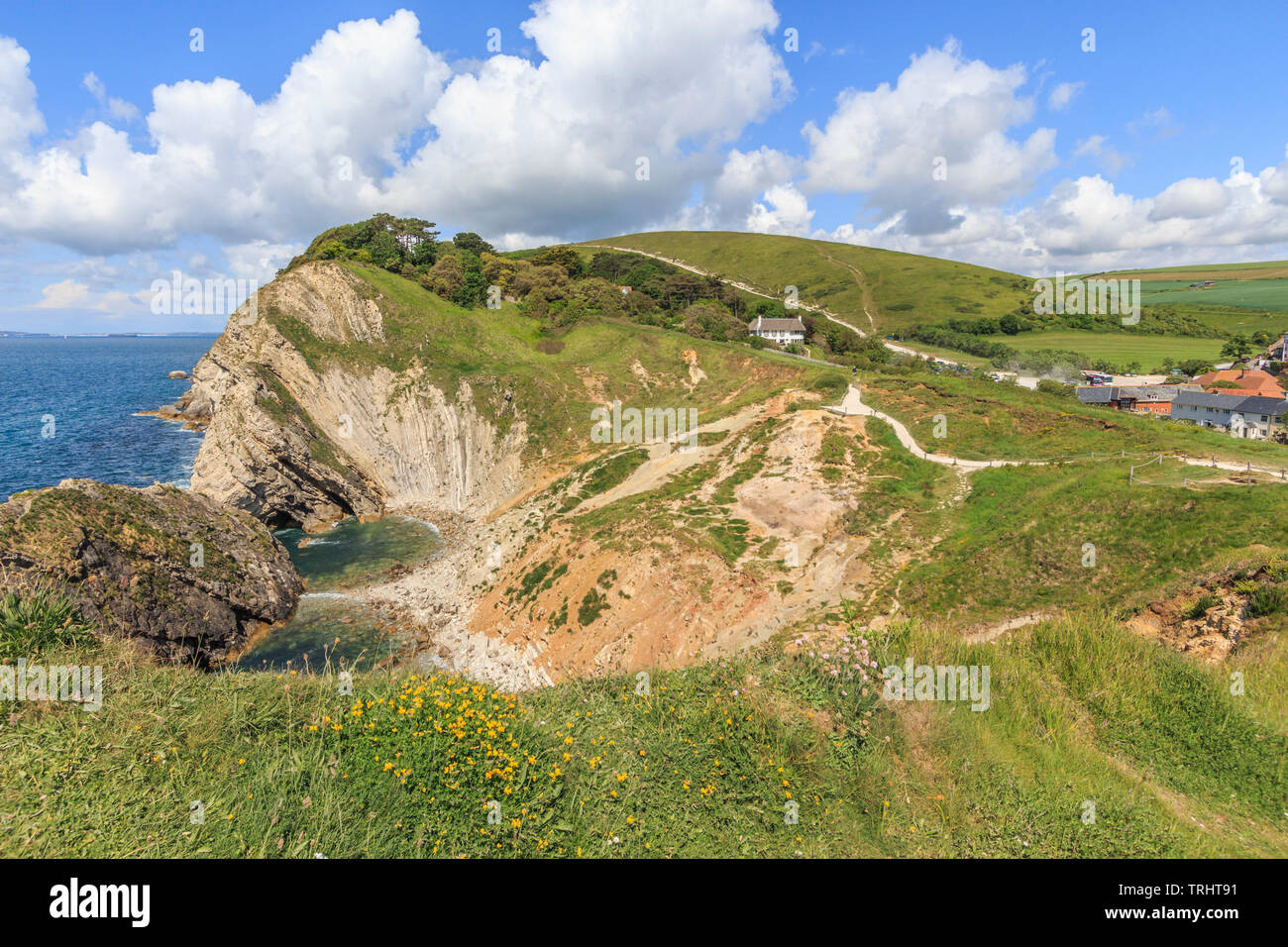 Lulworth cove stair foro naturale di formazioni rocciose, Dorset, England, Regno Unito, GB Foto Stock