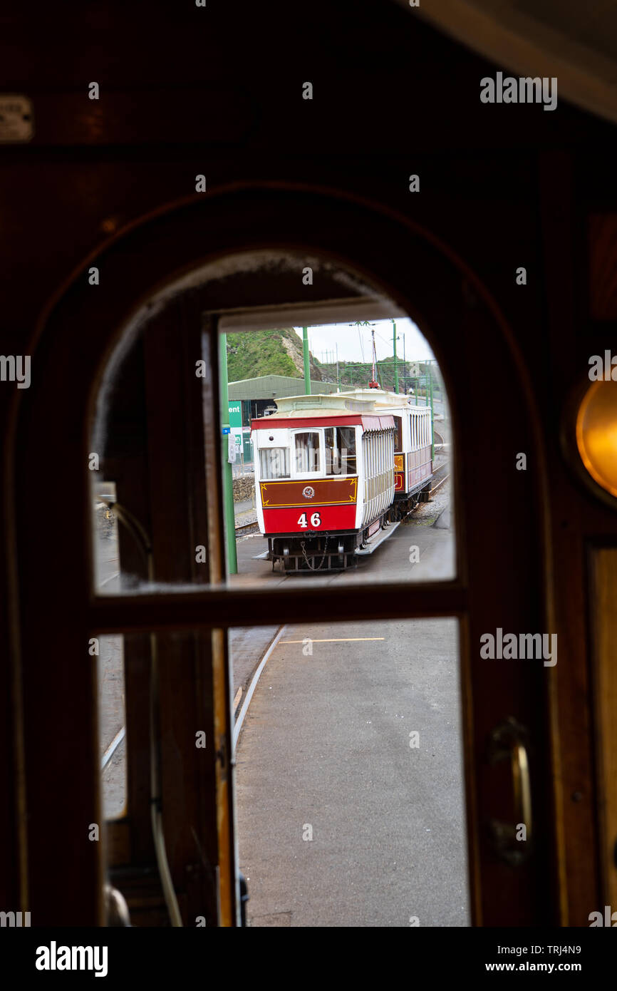 Tram storici del Manx elettrica ferroviaria, Isola di Man, Douglas - Laxey - Ramsey, Regno Unito Foto Stock
