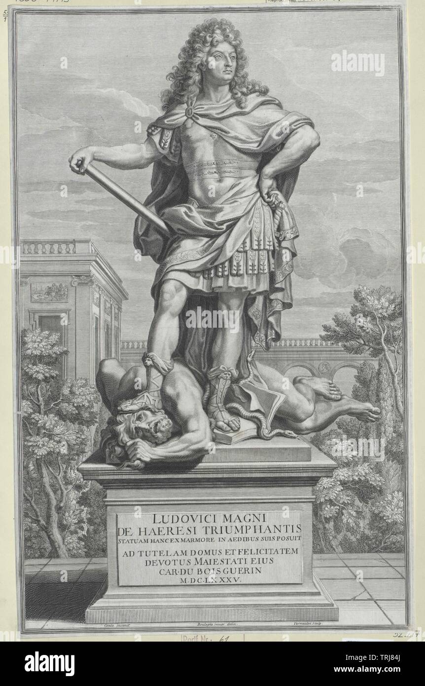 Re di Francia Luigi XIV, progetto dal Conte, inciso da Cornelis (?) Vermeulen sulla questione di un disegno da Louis Boullogne d. J, Additional-Rights-Clearance-Info-Not-Available Foto Stock