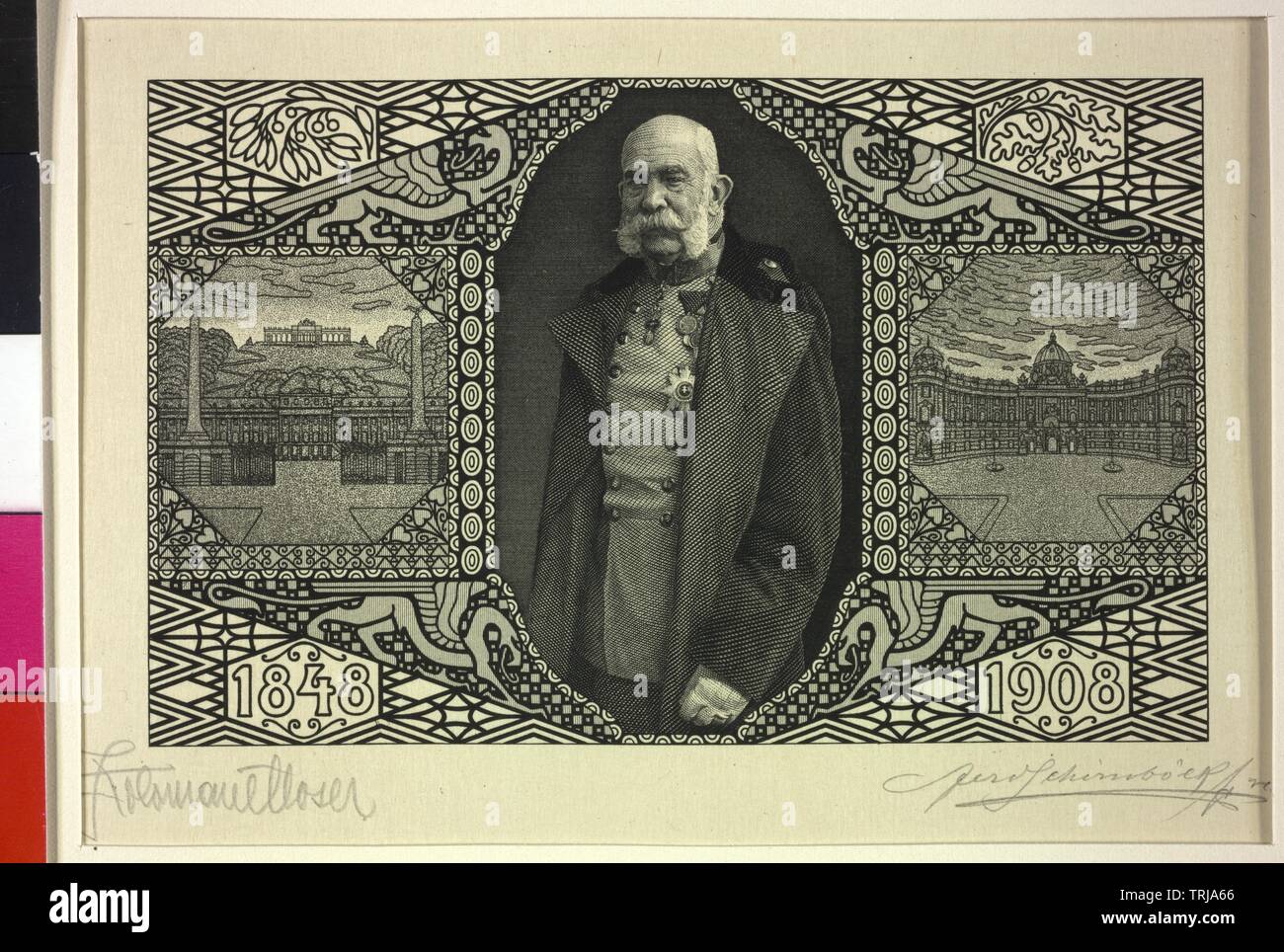 L'imperatore-anniversario cartoline 1908, con picture imperatore Francesco Giuseppe I, incisione da Ferdinando Schirnboeck basato sul progetto da Kolo Moser, con una sola mano firmato de-luxe edition, con vista di Schoenbrunn e Michaelertrakt (Miacheler sezione) del castello, Additional-Rights-Clearance-Info-Not-Available Foto Stock