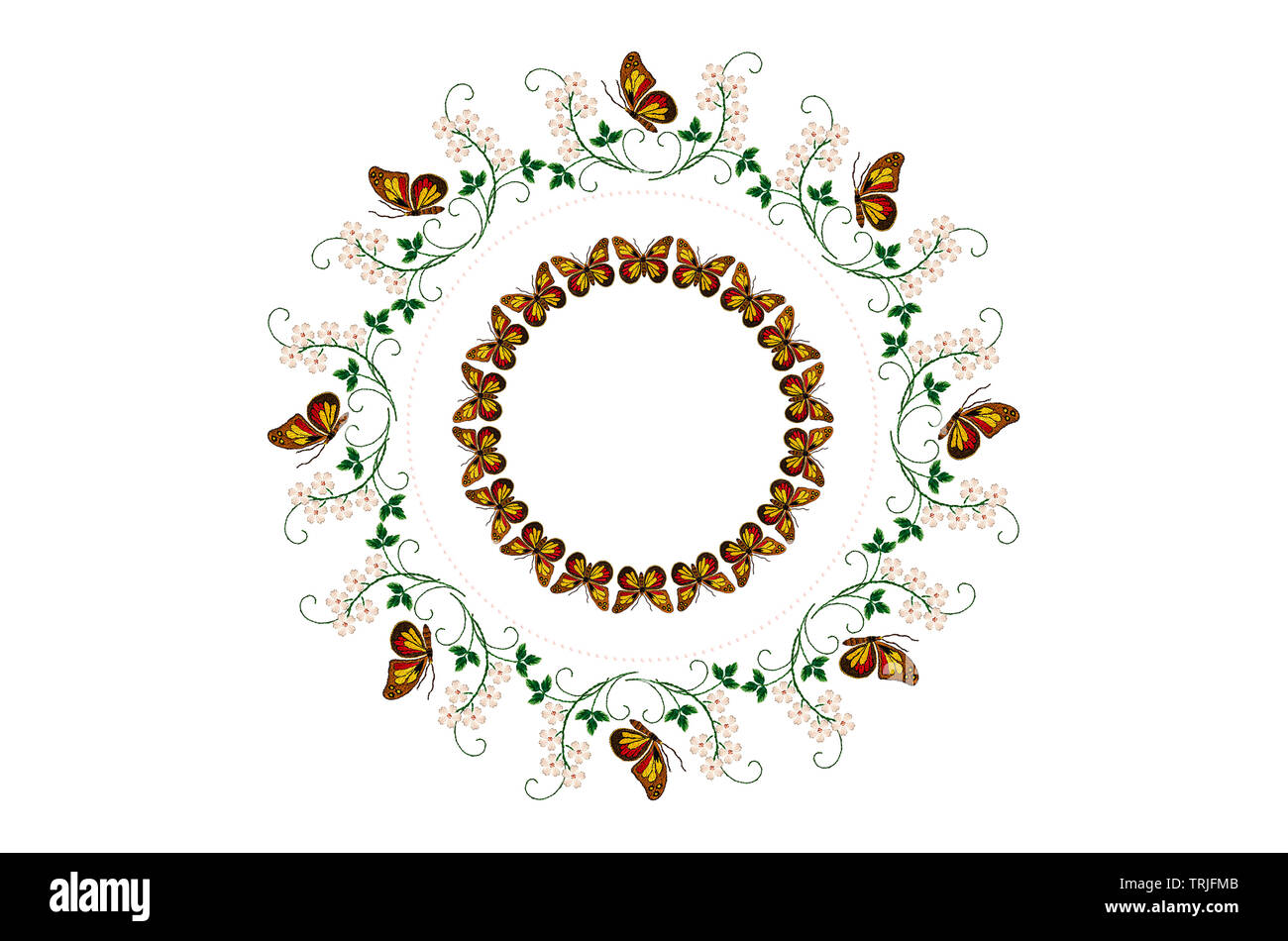 Ghirlanda di farfalle ricamate sugli steli con foglie e fiori di colore bianco a metà di una cornice rotonda di perle e ghirlanda di farfalle su bianco bac Foto Stock