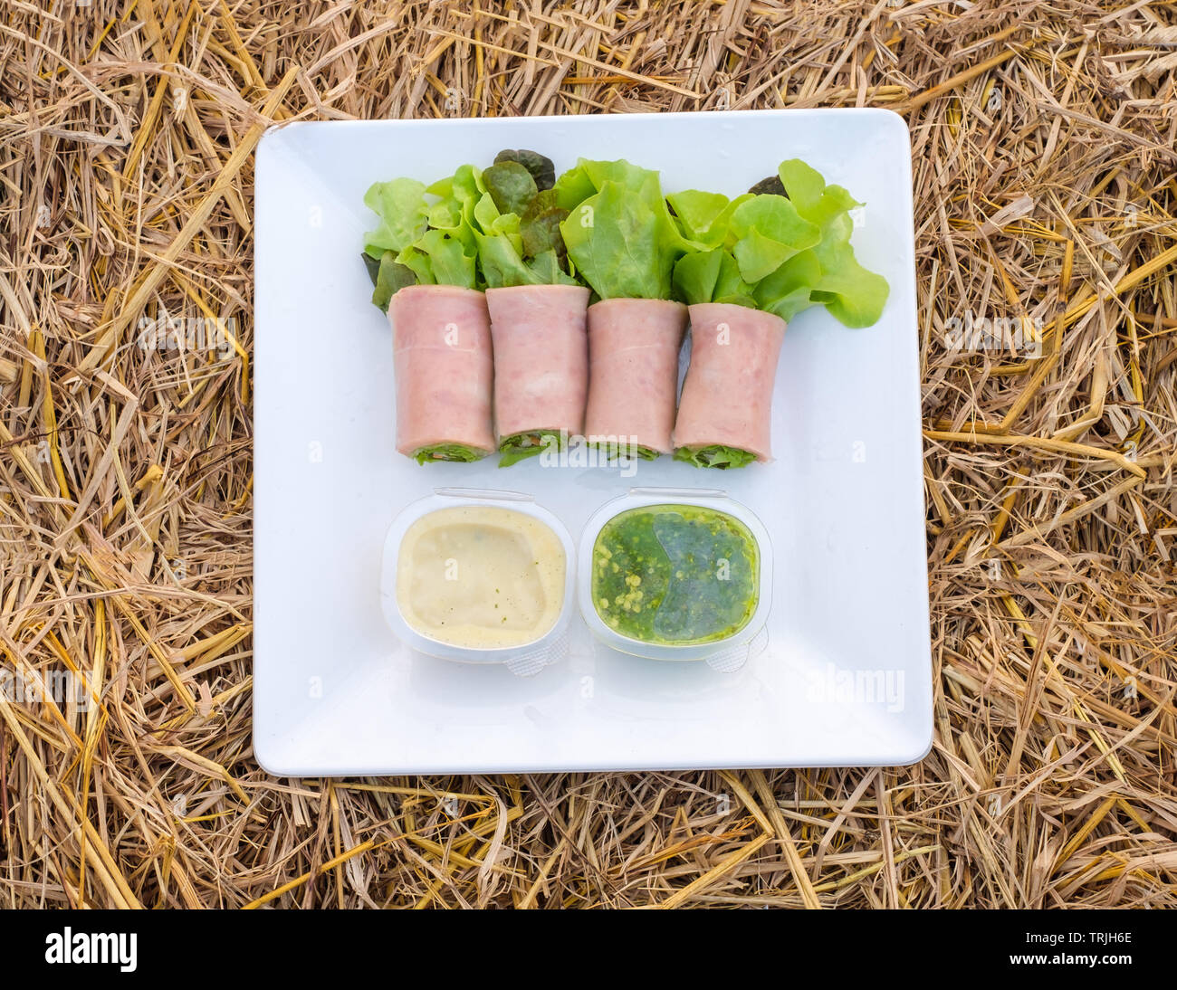Rotolo di insalata verde e quercia rossa biologica con il riempimento di prosciutto di maiale e la maionese, la salsa di pesce Foto Stock