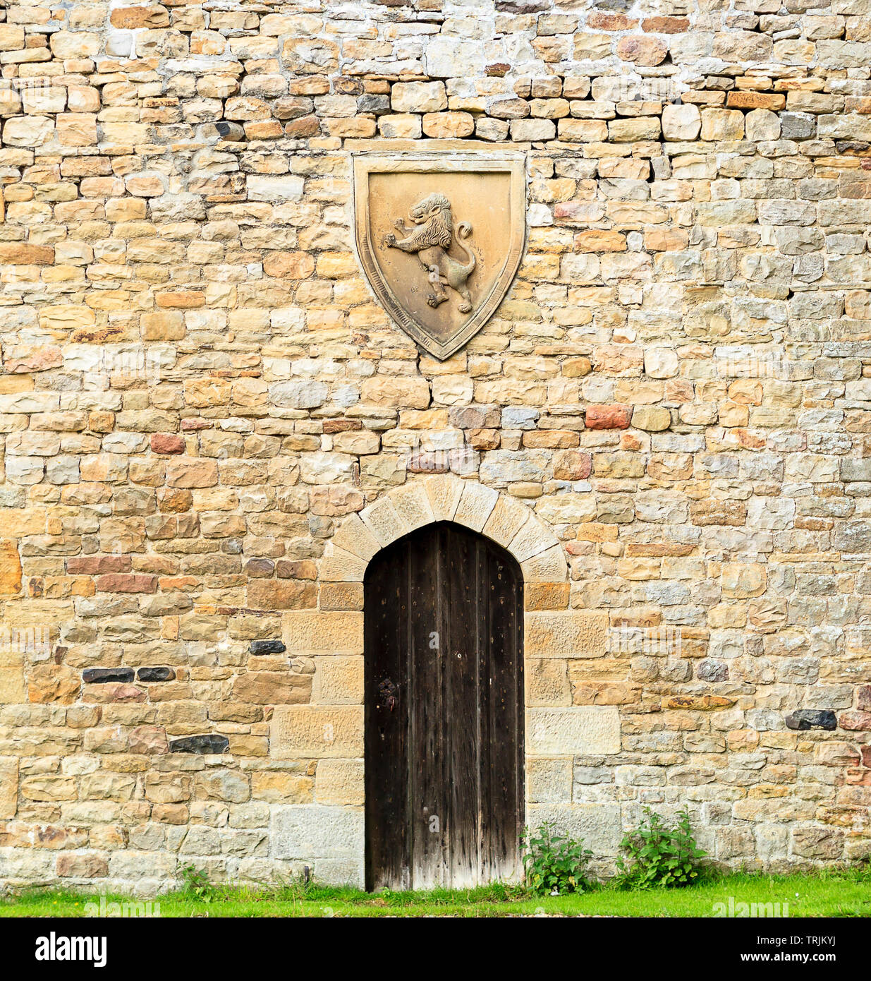 Parte della portineria, con un rilievo di un leone rampante sopra la porta, Featherstone Castle, Northumberland Foto Stock