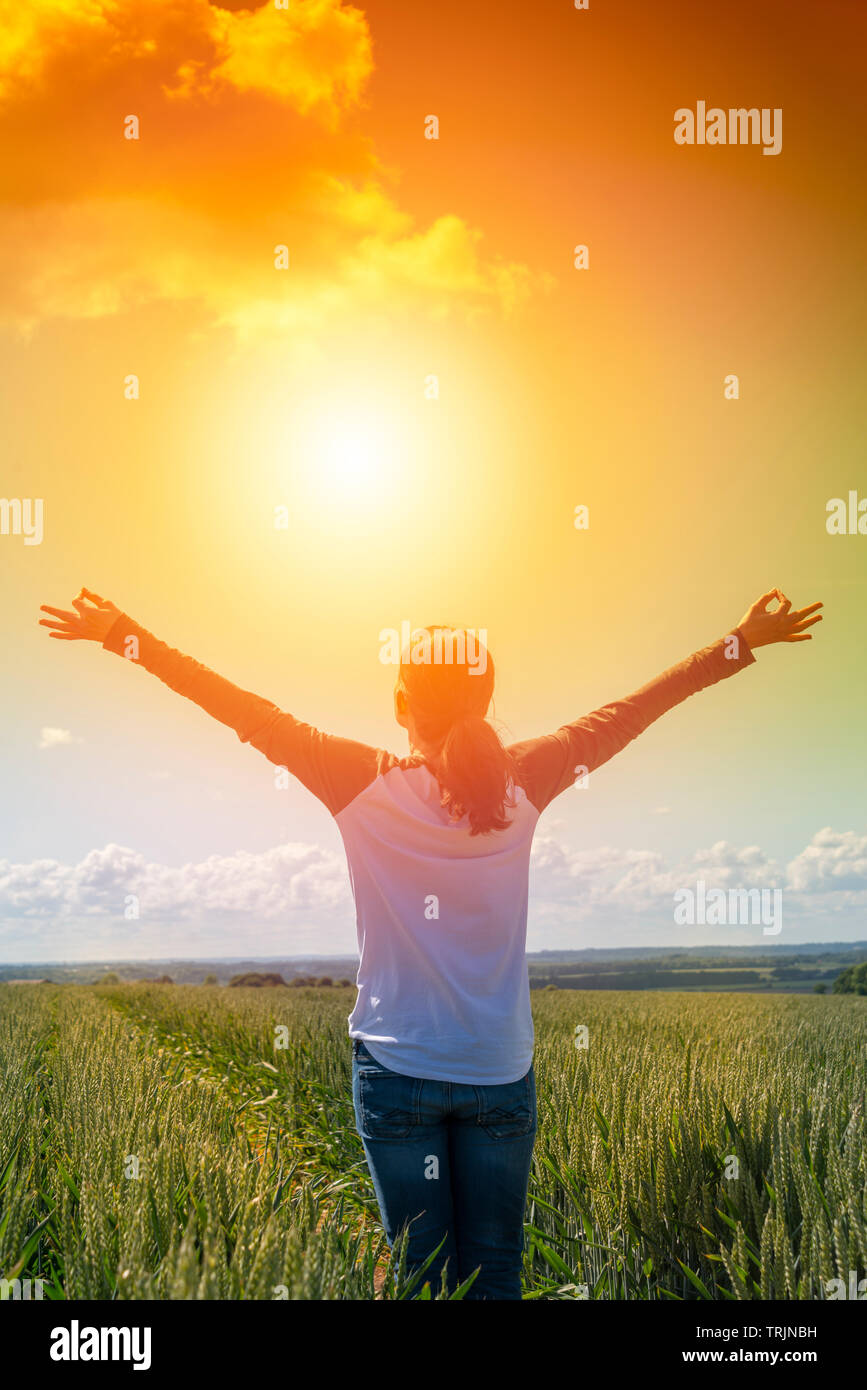 Vista posteriore di una donna ad alba con le braccia sollevate in gioia e libertà in piedi in un campo di grano Foto Stock