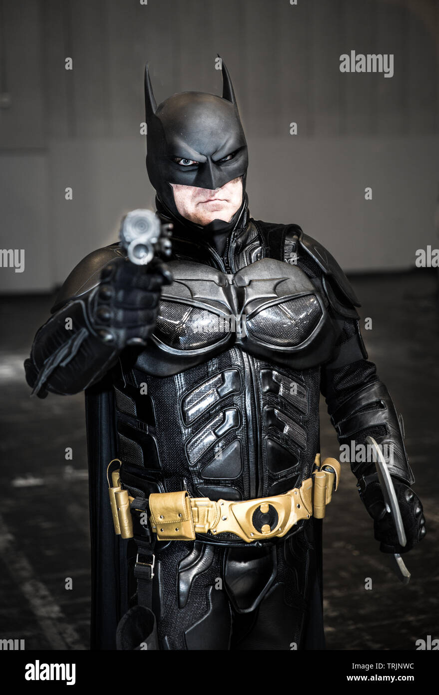NEC di Birmingham, Regno Unito - 1 giugno 2019. Un maschio cosplayer vestito come Batman dai fumetti di CC di franchising di film e pellicole per un fumetto con l'evento chiamato col Foto Stock