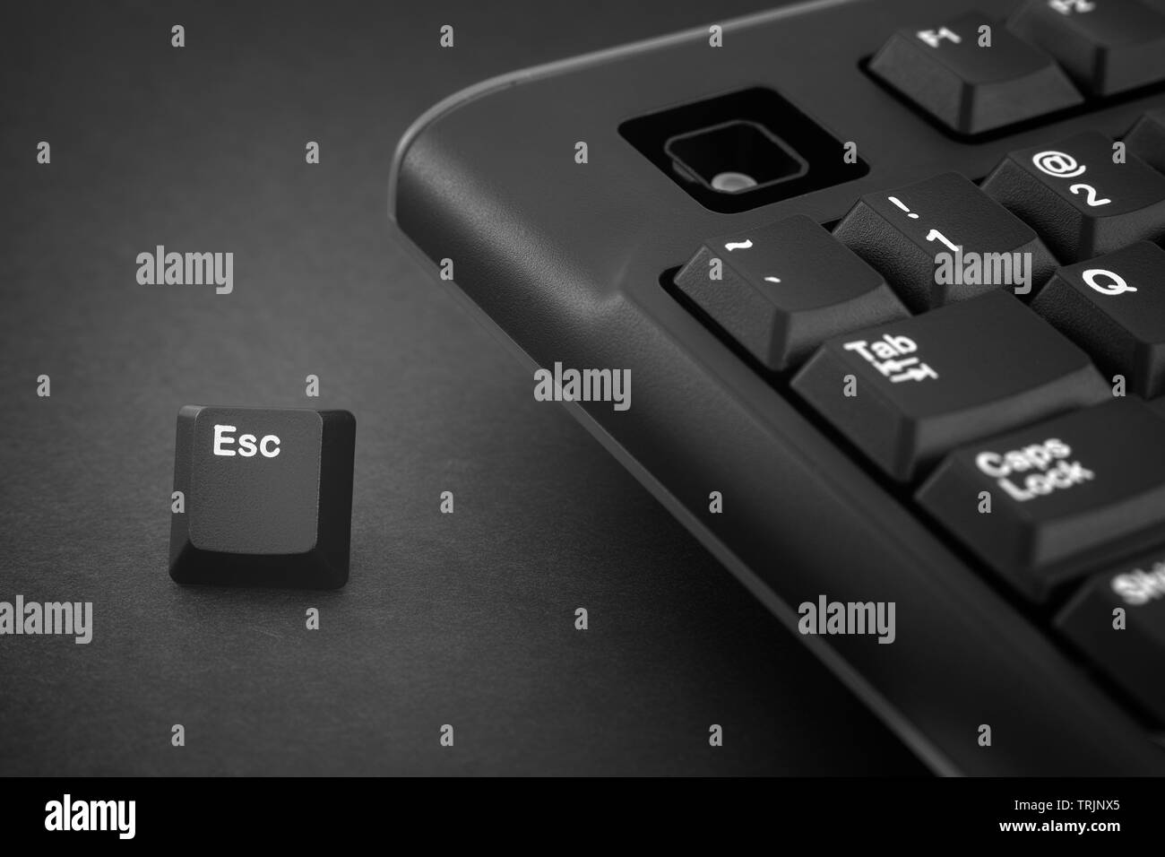 Tasto Esc fuoriesce da un nero della tastiera del computer. Immagine in bianco e nero. Close up. Foto Stock
