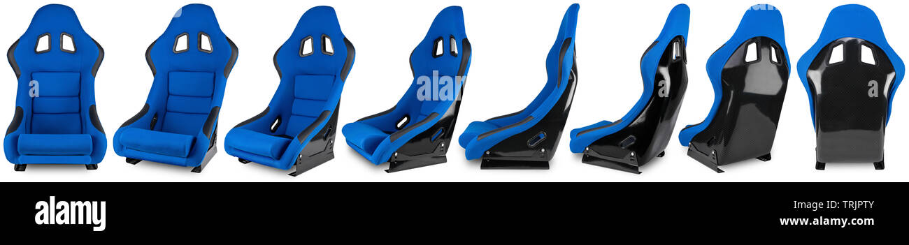 Impostare Collezione di blu in fibra di carbonio nero corsa motorsport auto tuning sim racing sedile isolato su sfondo bianco Foto Stock