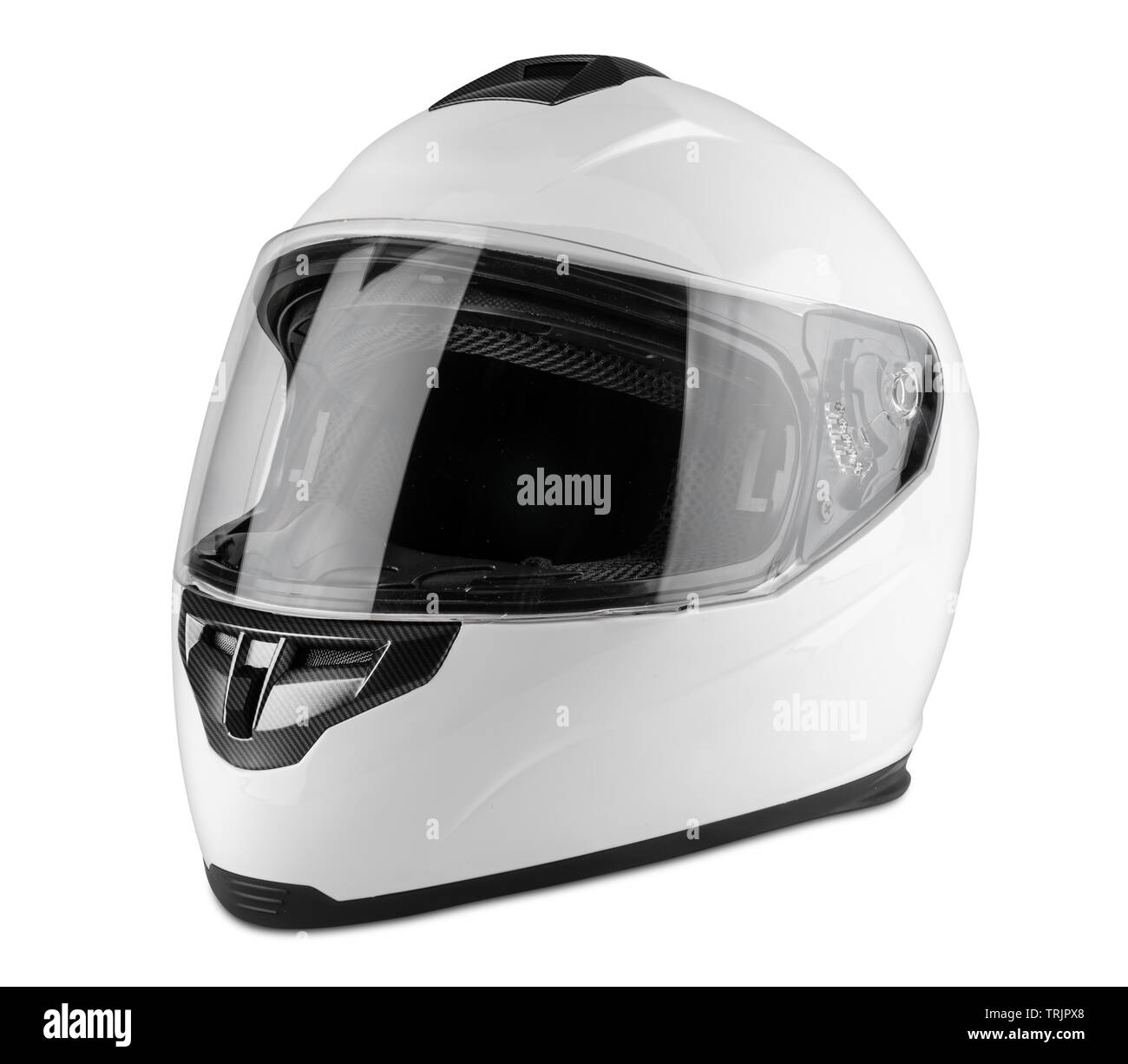 Bianco carbonio moto solidale casco isolati su sfondo bianco. motorsport auto kart racing trasporto il concetto di sicurezza Foto Stock