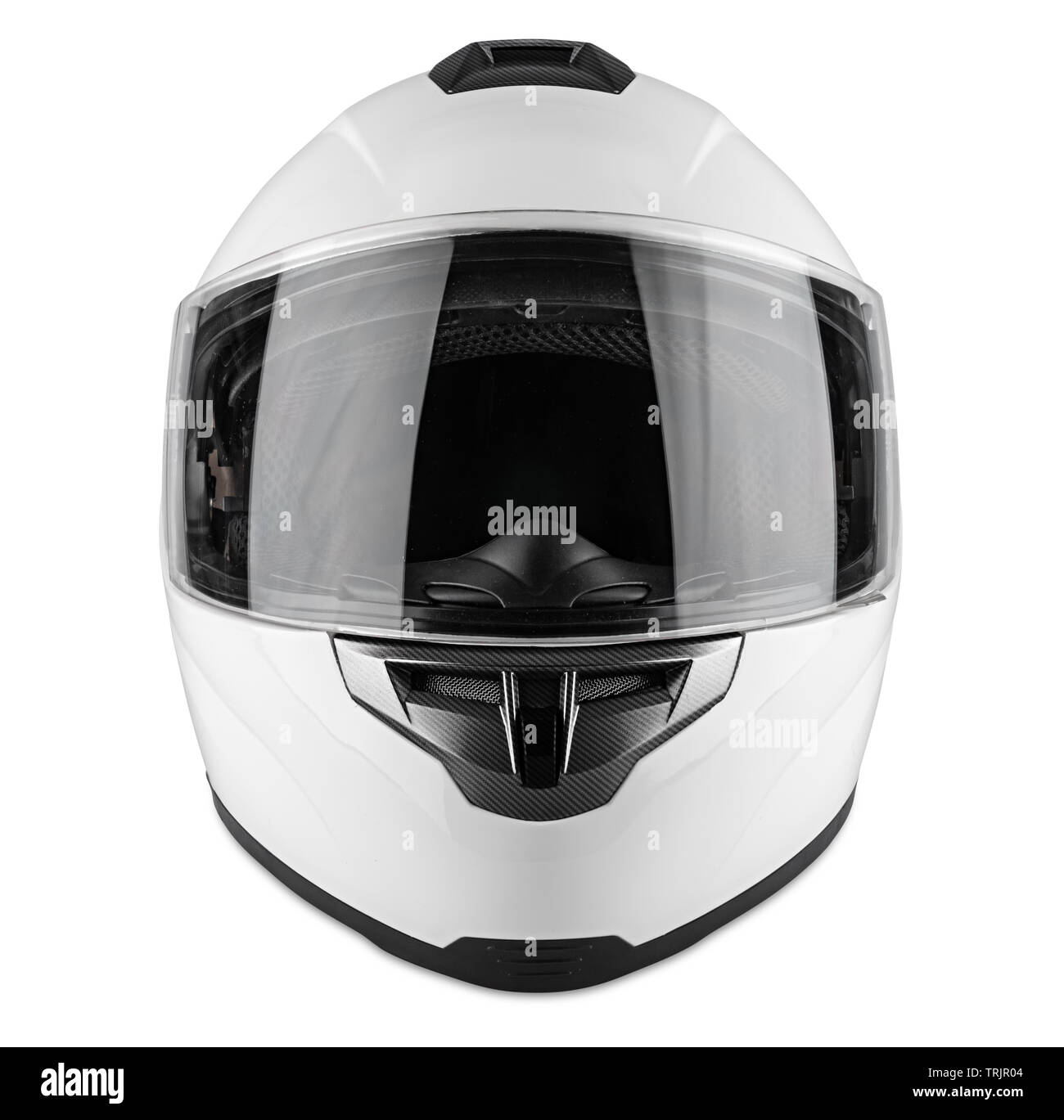Bianco carbonio moto solidale casco isolati su sfondo bianco. motorsport auto kart racing trasporto il concetto di sicurezza Foto Stock