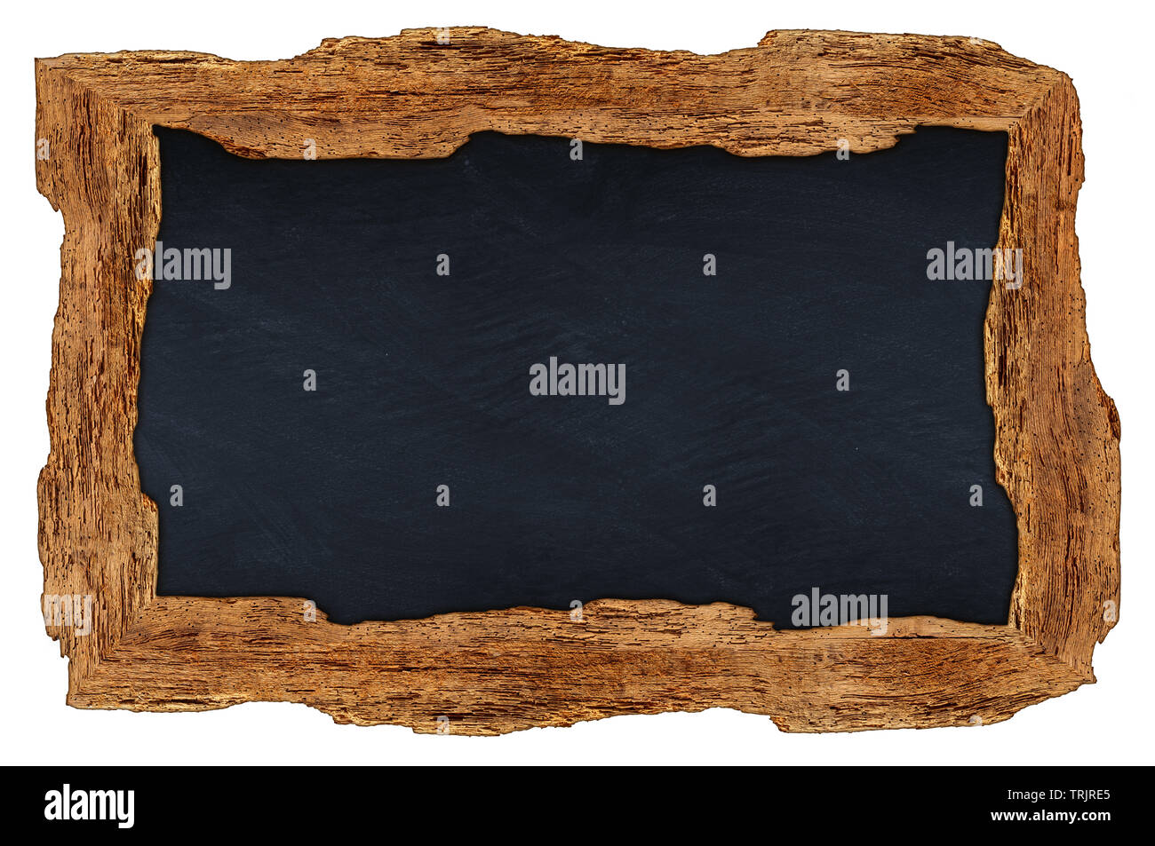 Vecchio retrò rustico in legno pietra ardesia lavagna Lavagna con bordi irregolari di confine vuoto vuoto con copia spazio isolato su sfondo bianco Foto Stock