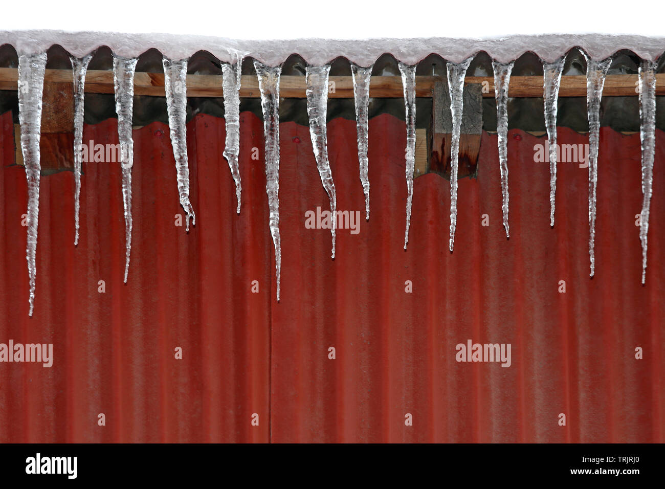 Pericolo Icicle picchi congelate di ghiaccio formatosi a casa Foto Stock