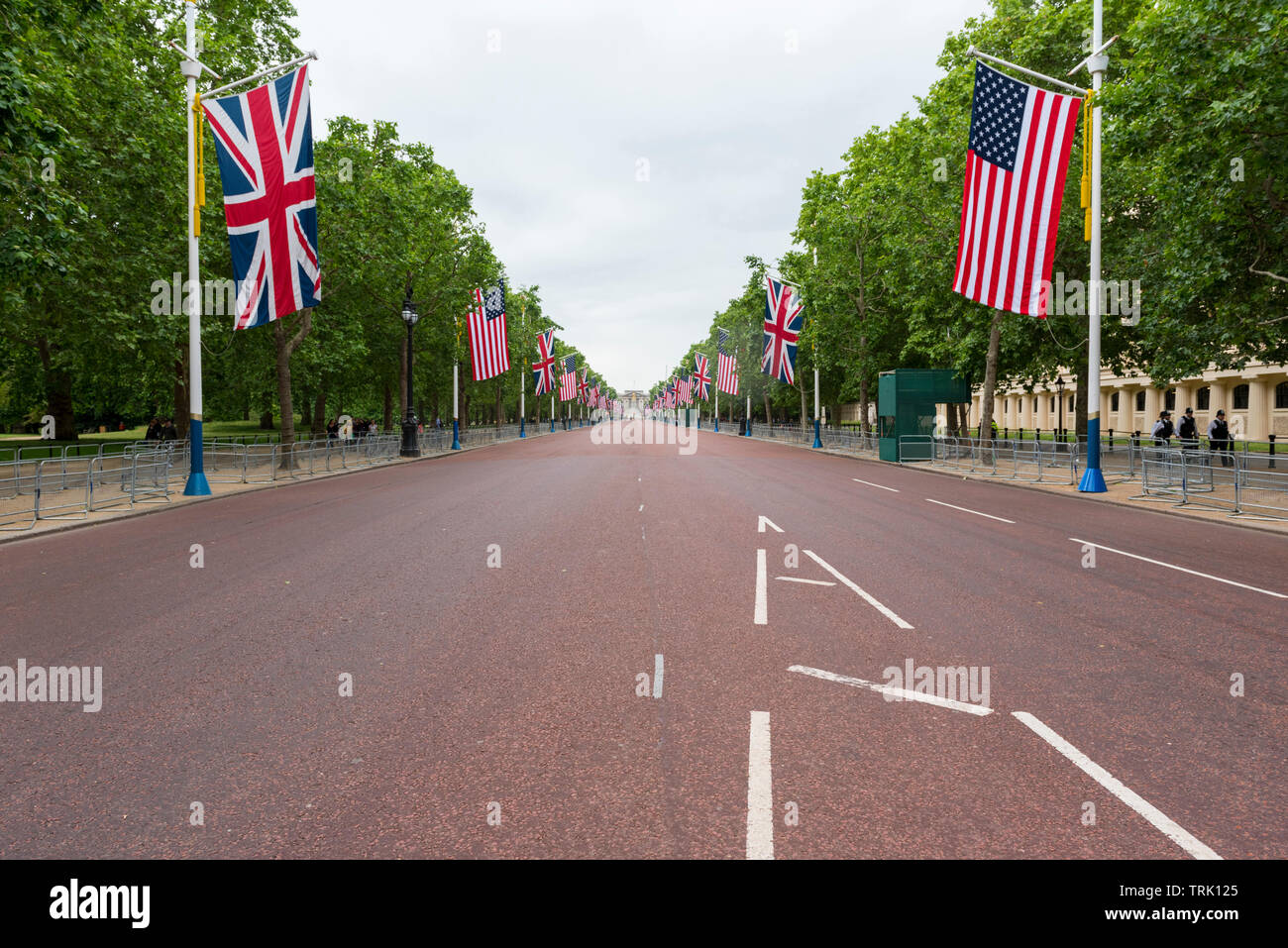 Visualizza in basso al centro commerciale guardando verso Buckingham Palace il giorno dell'Anti-Trump dimostrazioni. Cordoni di polizia mantenuto la zona chiara di dimostranti. Foto Stock