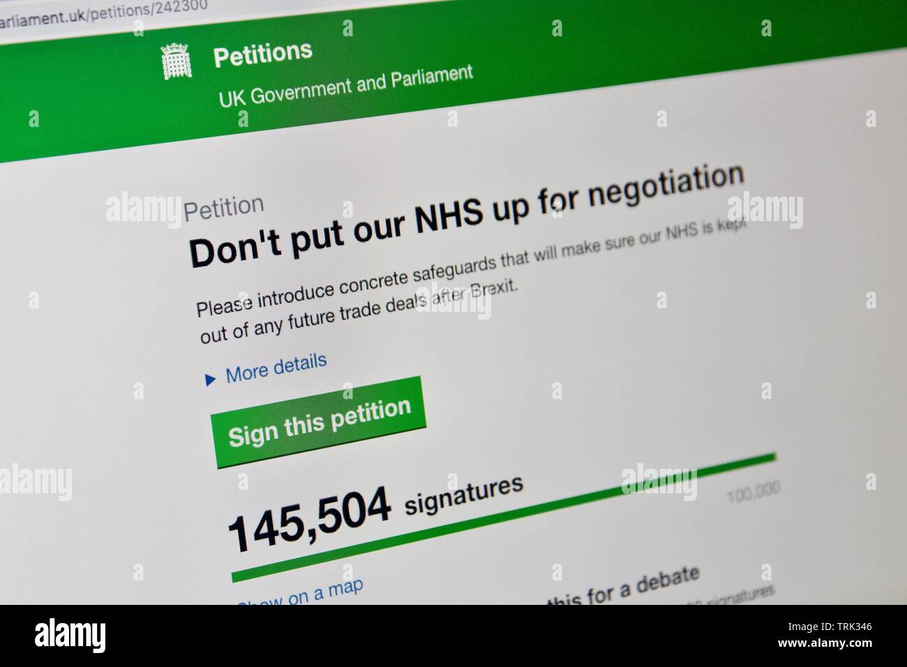 Regno Unito petizione online per non mettere NHS fino per la negoziazione dopo Brexit Foto Stock