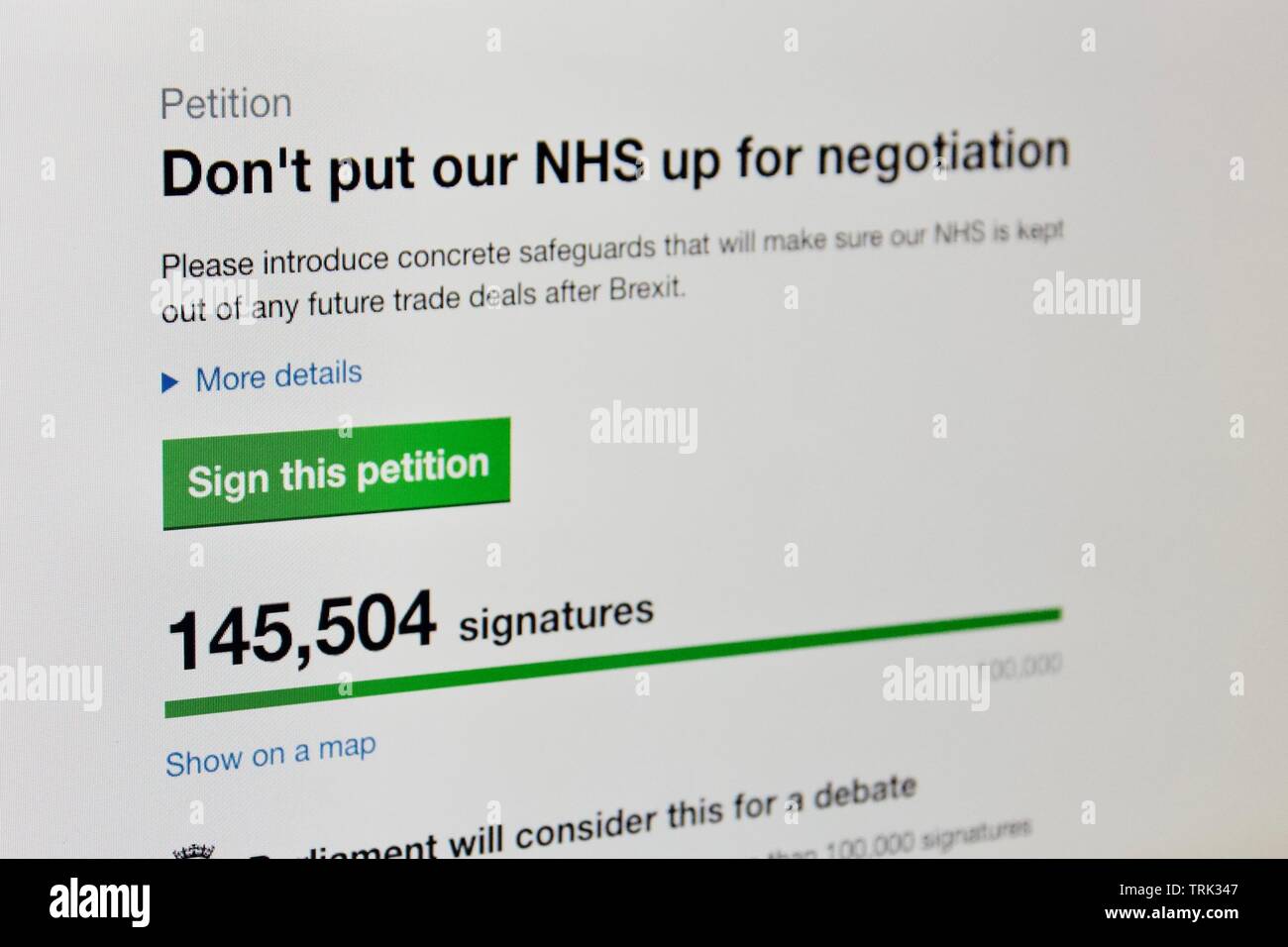 Regno Unito petizione online per non mettere NHS fino per la negoziazione dopo Brexit Foto Stock
