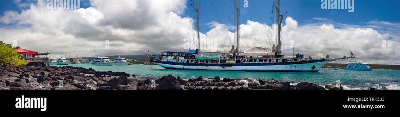 Una immagine di panorama di un certo numero di navi, tra cui una grande tre-masted goletta ancorata nella baia dell'Accademia, off Puerto Ayora, l'isola di Santa Cruz, Ga Foto Stock
