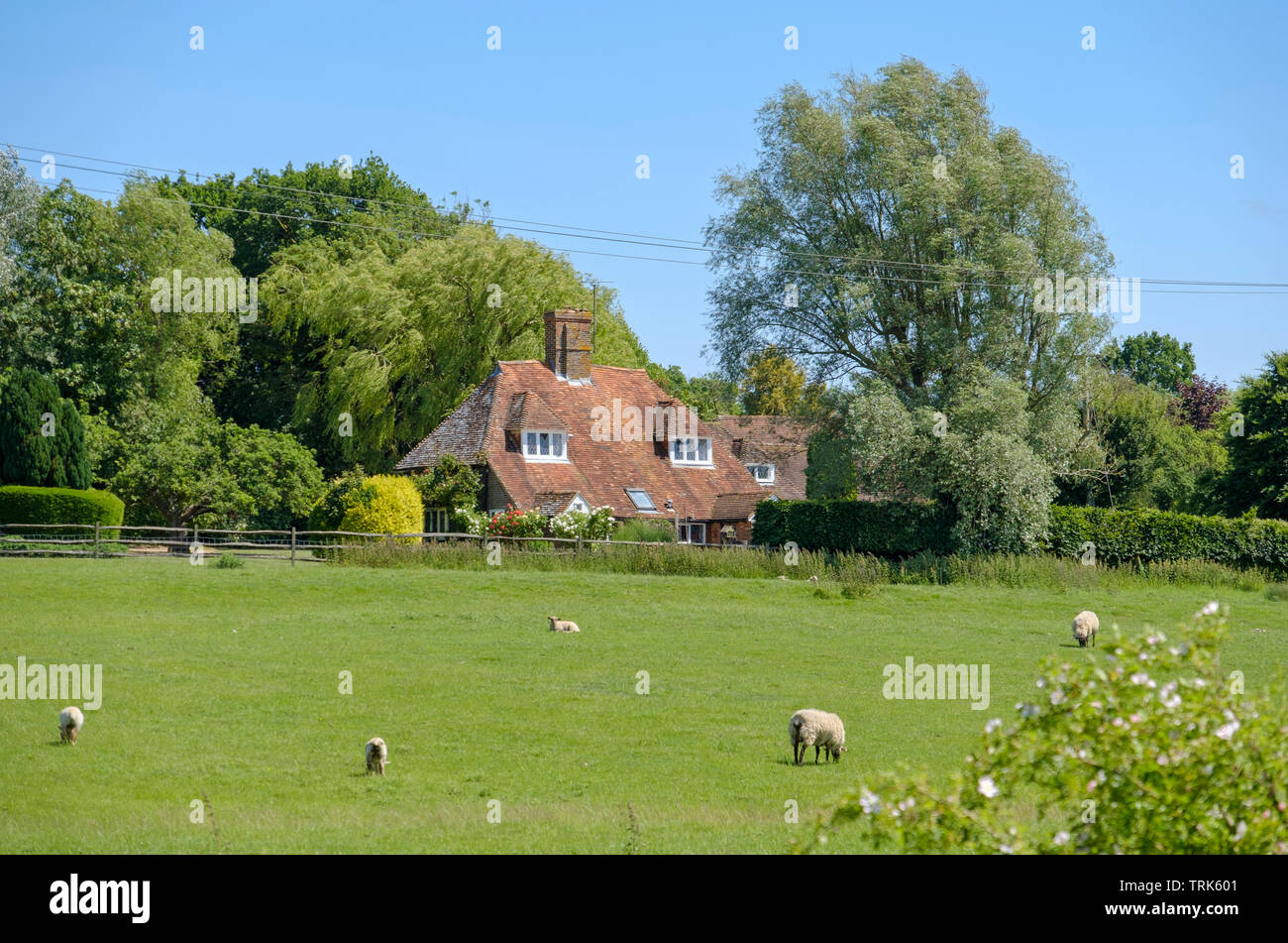 Casale di campagna con i tradizionali Kentish di tegole rosse e tetto catslide, Kent, Regno Unito Foto Stock