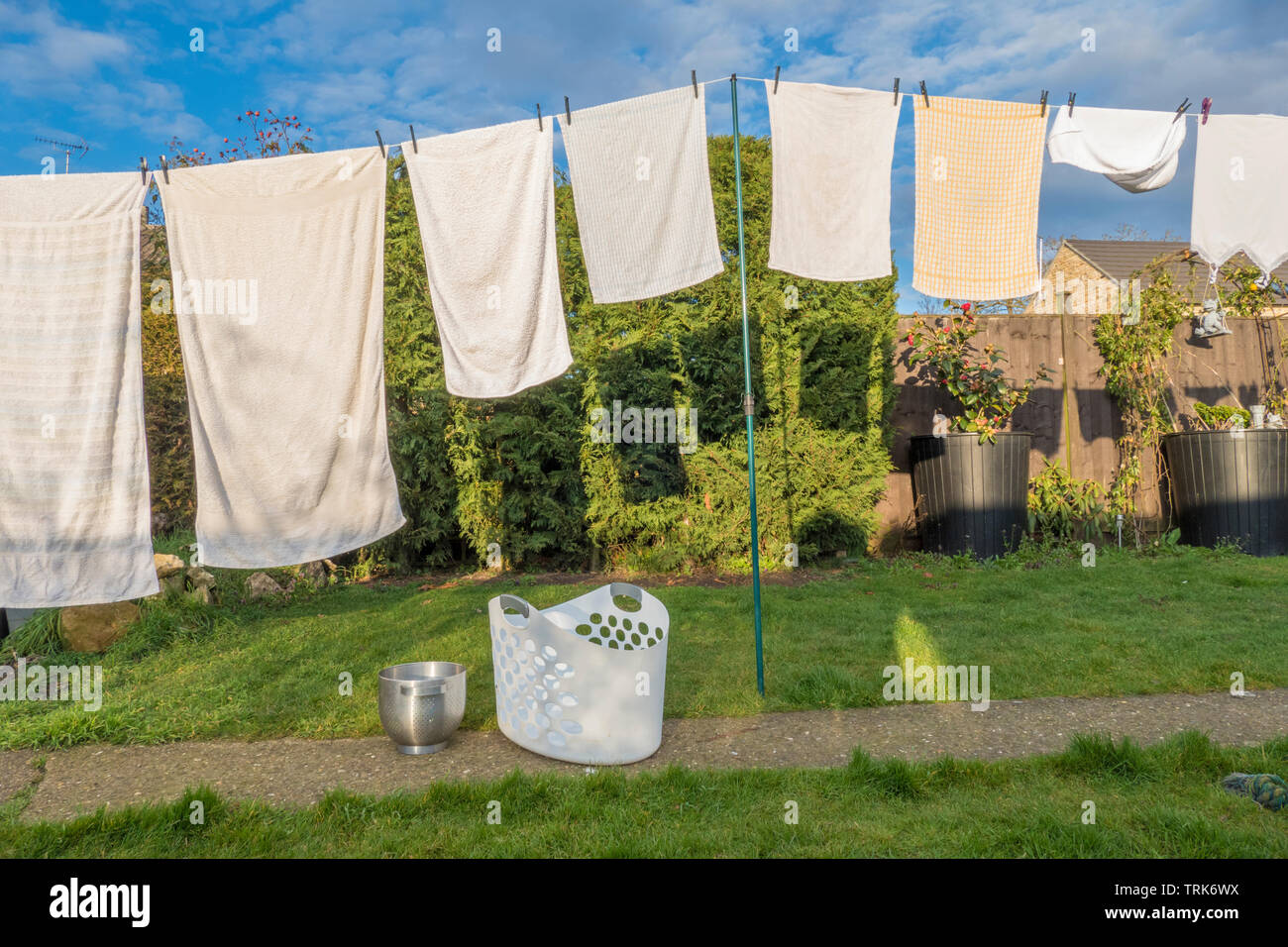 Vista frontale del bucato domestico di vestiti bagnati e asciugamani, ancorato e appesa ad asciugare su una linea di lavaggio nel caldo sole del pomeriggio. Inghilterra, Regno Unito. Foto Stock