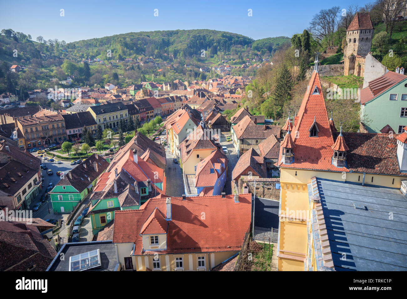 Città vecchia di Sighisoara - vista aerea. Sighisoara, Mures County, Romania. Foto Stock