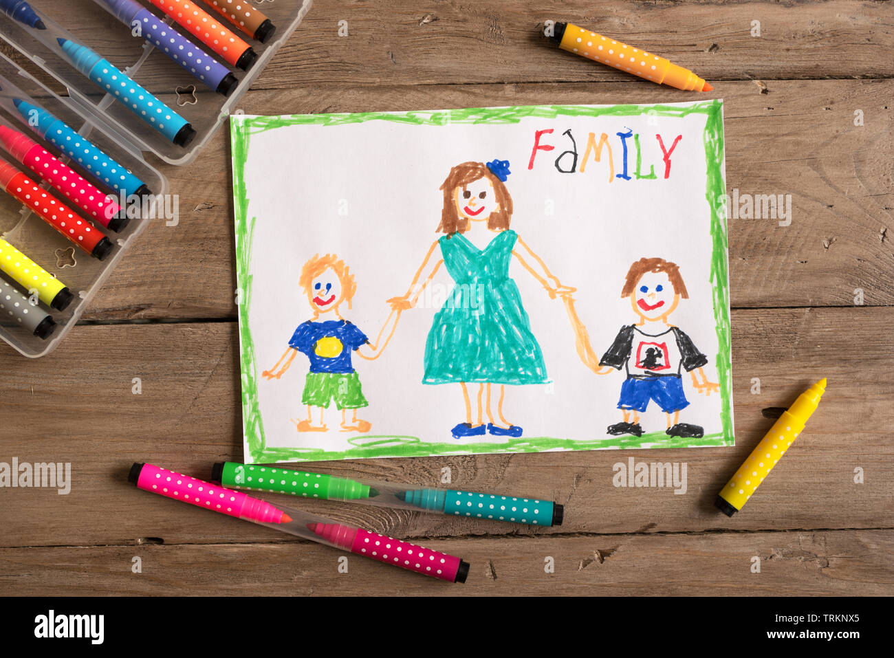 Disegno per bambini della famiglia mamma single e due figli. Incompleto il concetto di famiglia. Foto Stock