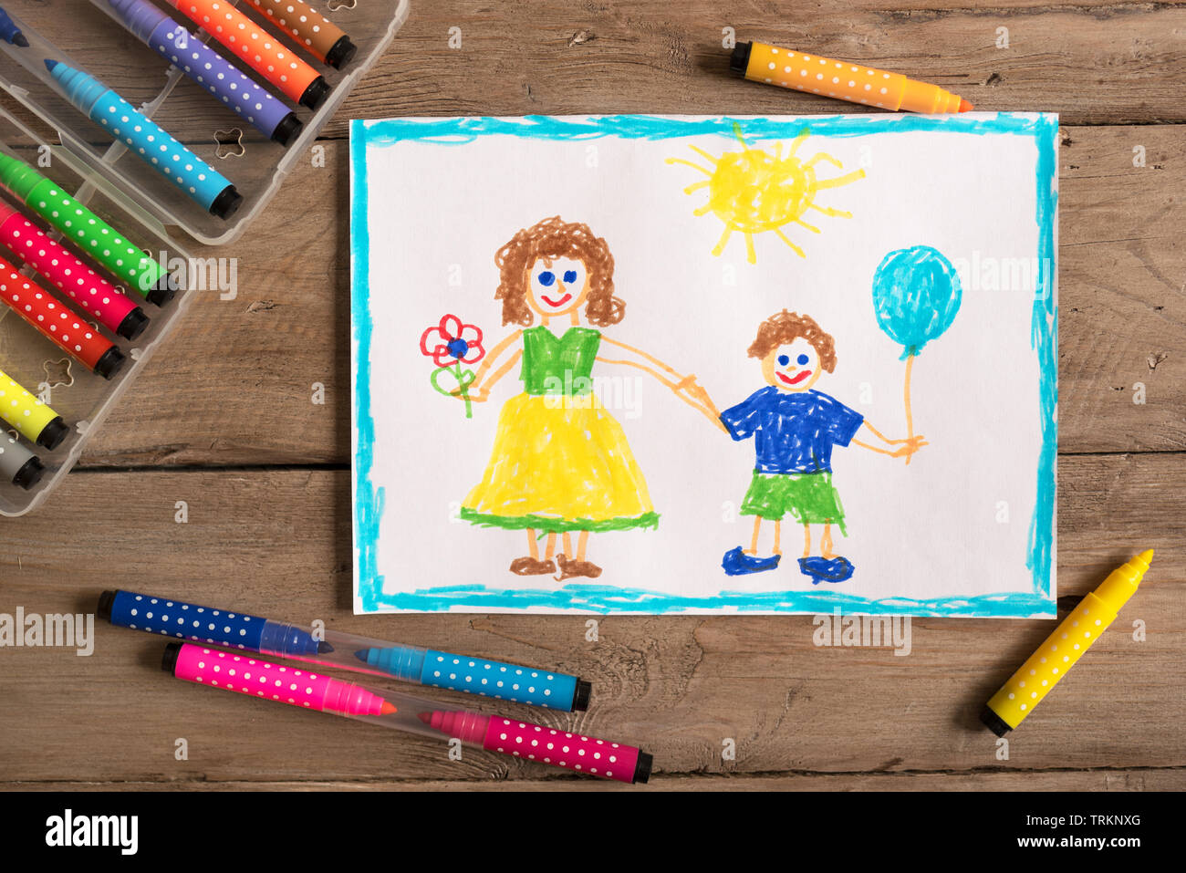 Disegno per bambini della famiglia mamma single e figlio. Incompleto il concetto di famiglia. Foto Stock