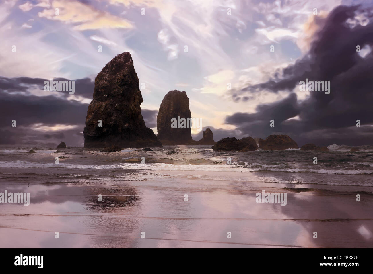 Drammatica vista colorate di cannon beach in oregon Foto Stock