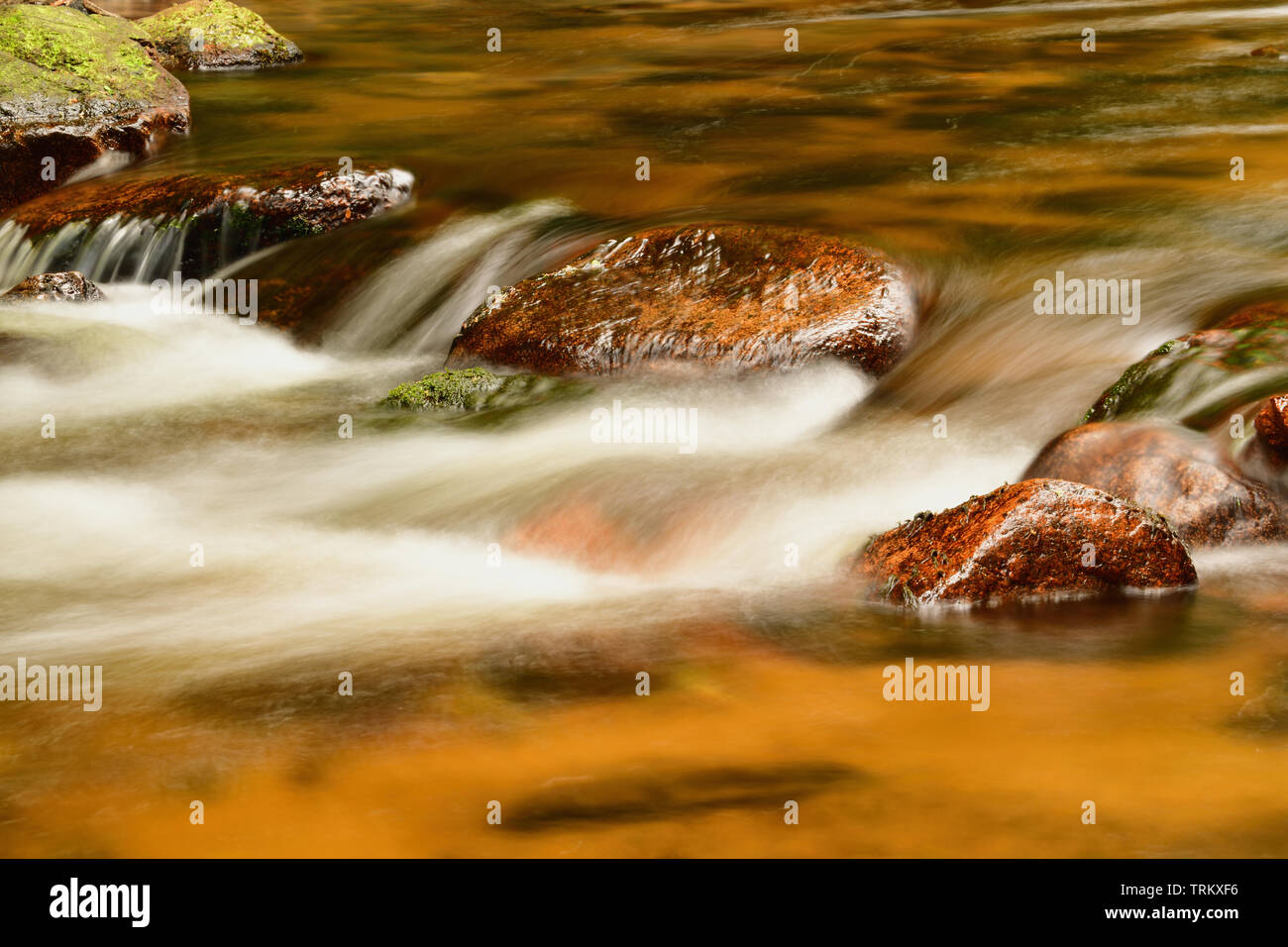Close-up di un fiume di montagna nella foresta. Le correnti di acqua streaming su color ambra e verde rocce di muschio. Una lunga esposizione, catturare il movimento. Foto Stock