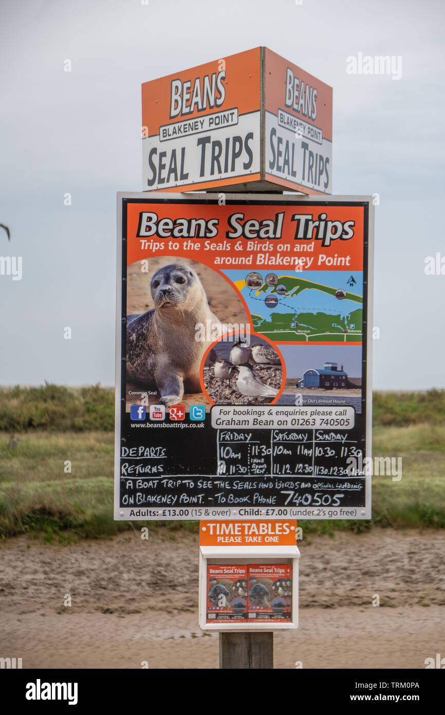 Annunci per gite in barca a caccia di foche a Blakeney, Norfolk, Regno Unito Foto Stock