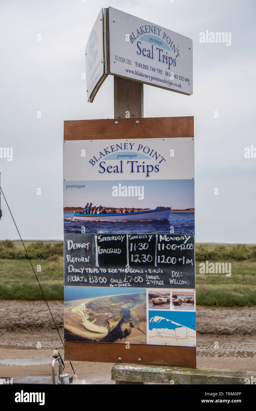 Annunci per gite in barca a caccia di foche a Blakeney, Norfolk, Regno Unito Foto Stock