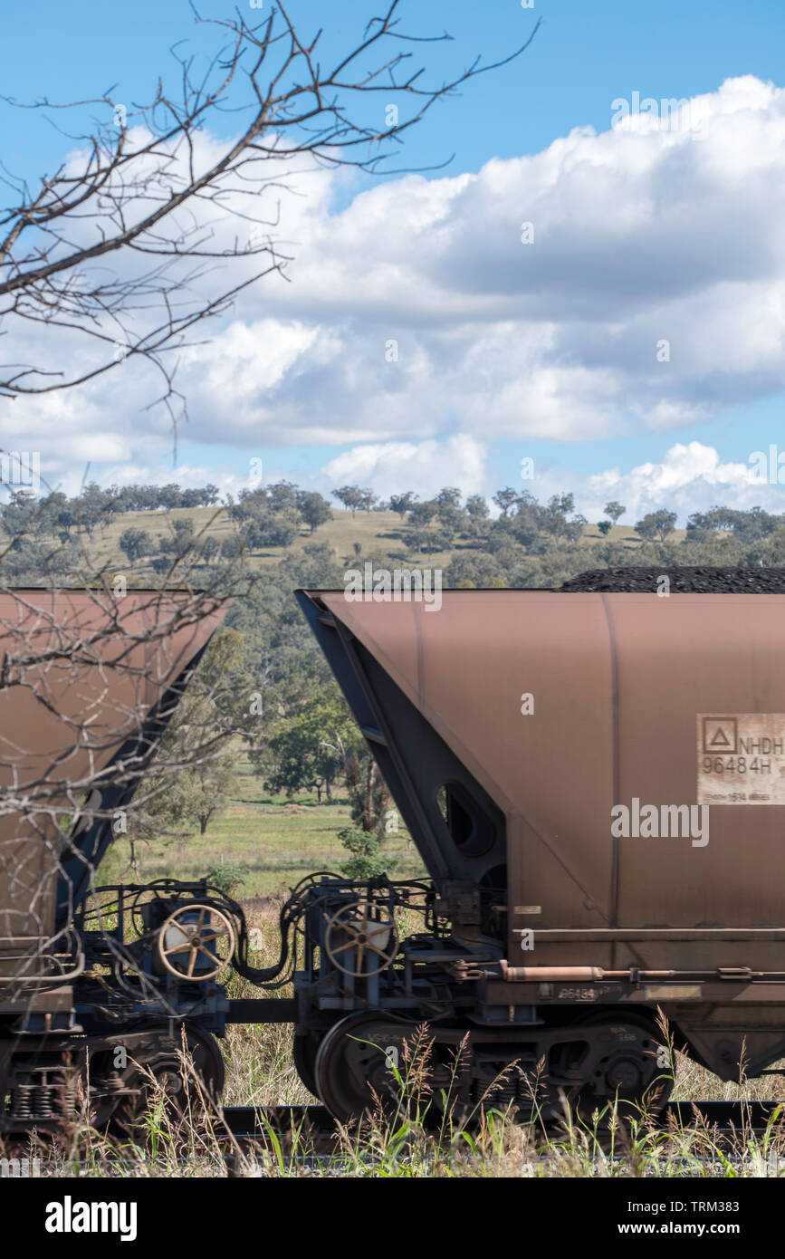 Il trasporto ferroviario di merci automobili portano il carbone al porto di Newcastle dalle miniere in alto la Hunter Valley nel Nuovo Galles del Sud, Australia Foto Stock