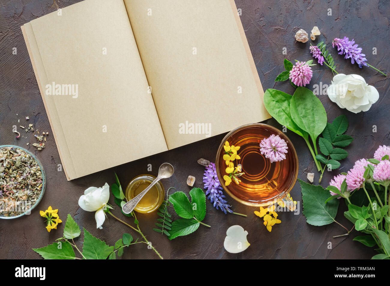 Erbe e piante medicinali, fustellato aperto il libro cartaceo. Tazza di vetro di sano tè alle erbe e miele piccolo vasetto. Vista dall'alto. Foto Stock