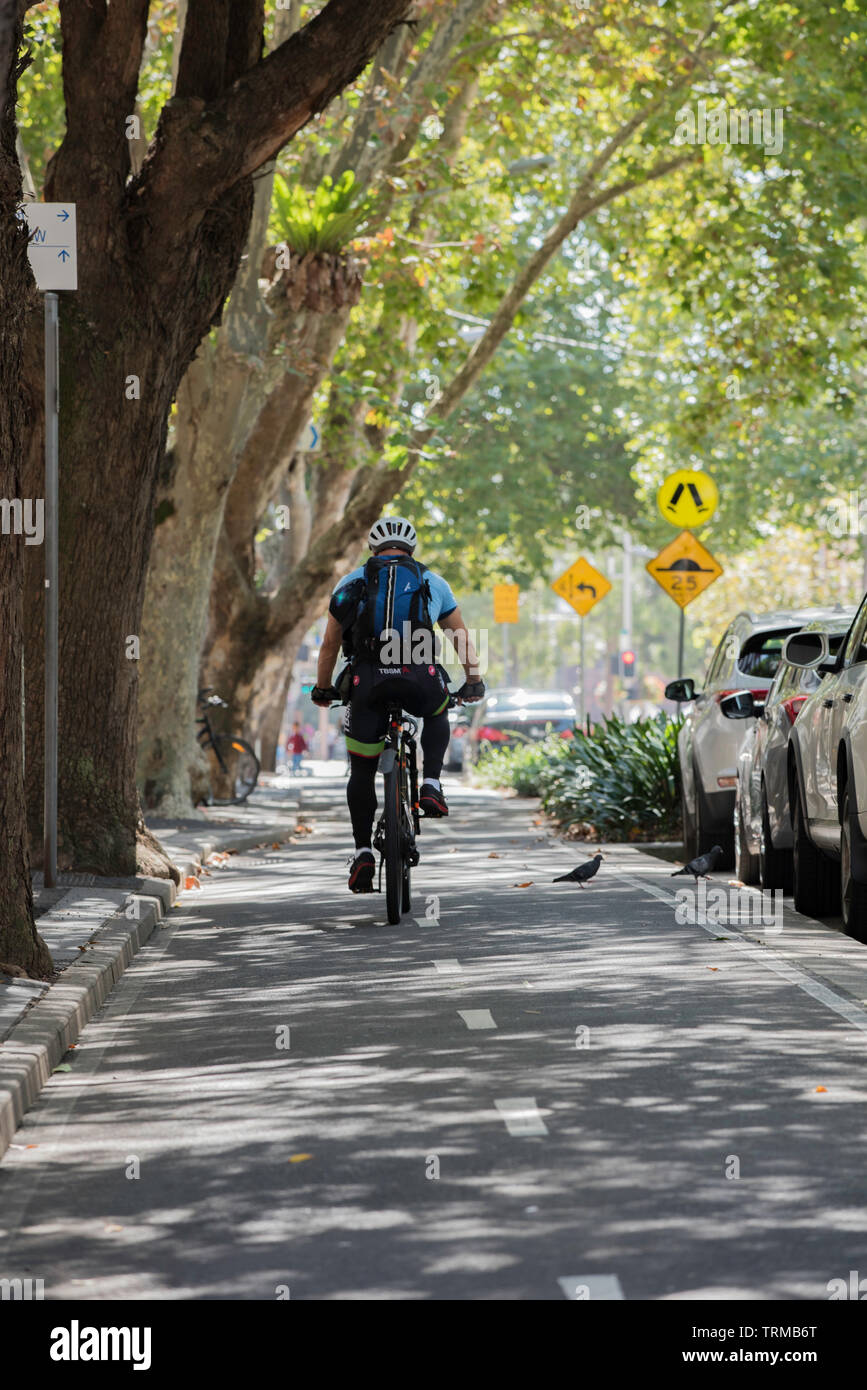 Un uomo in sella ad una bicicletta dedicata lane nel sobborgo di Sydney di Surry Hills in Australia Foto Stock