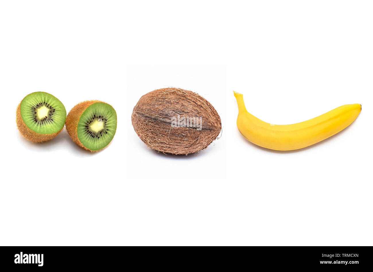 Fila di frutta fresca Kiwi Noci di cocco e banana Foto Stock