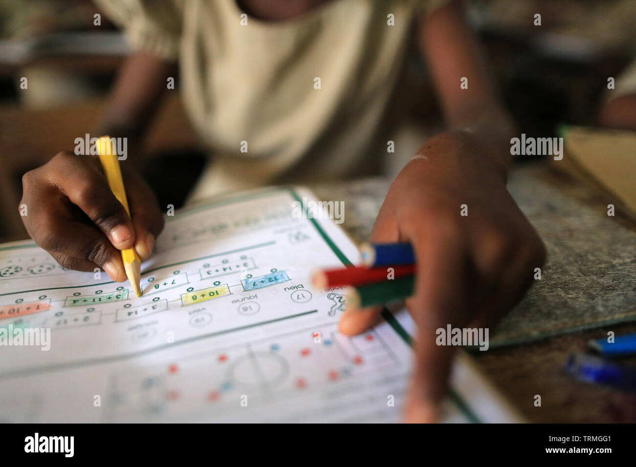 Mathématiques. Ecole primaire d'Adjallé. La convenzione di Lomé. Il Togo. Afrique de l'Ouest. Foto Stock