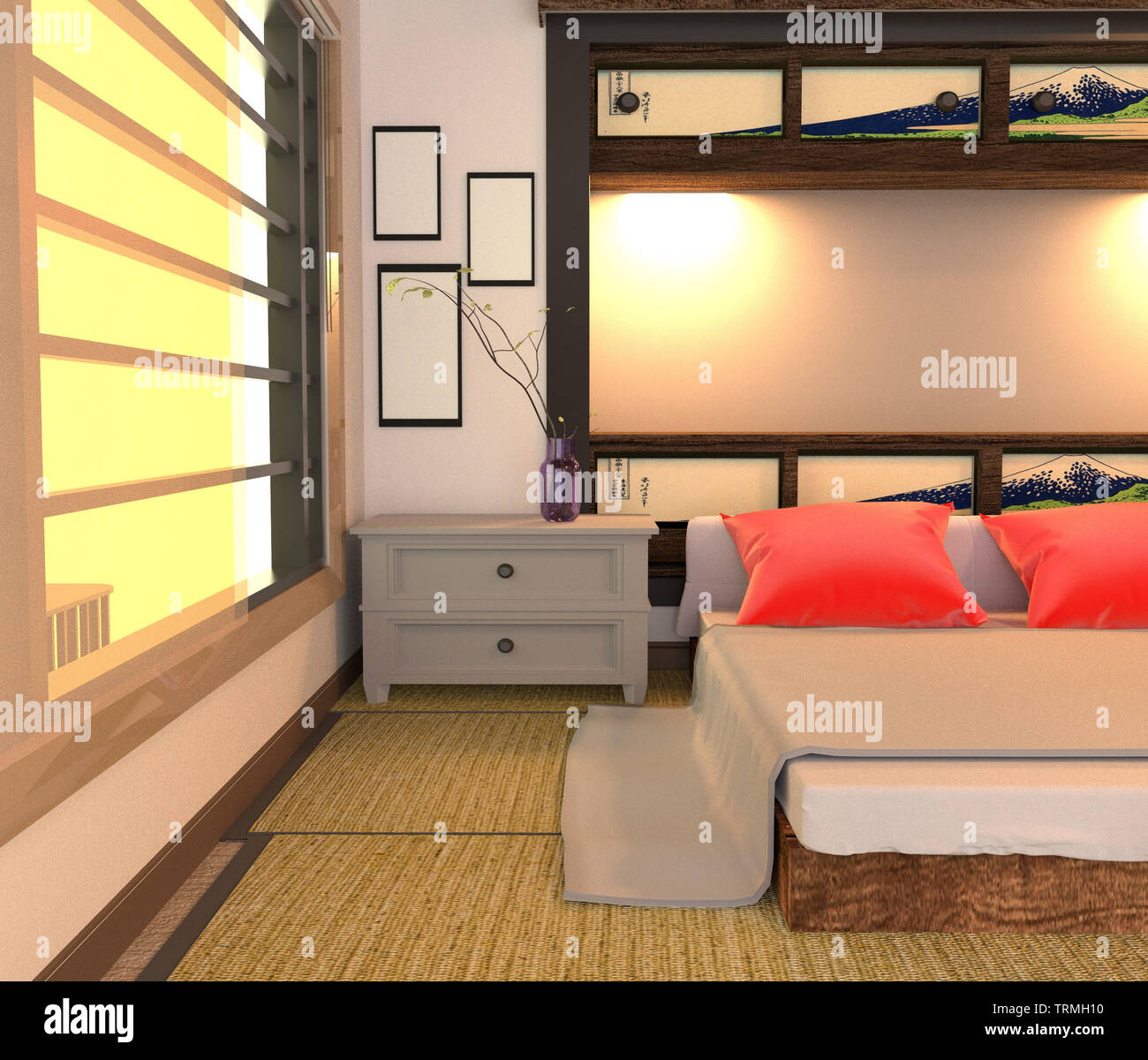 Camera giapponese interno, bed room design. Il rendering 3D Foto Stock