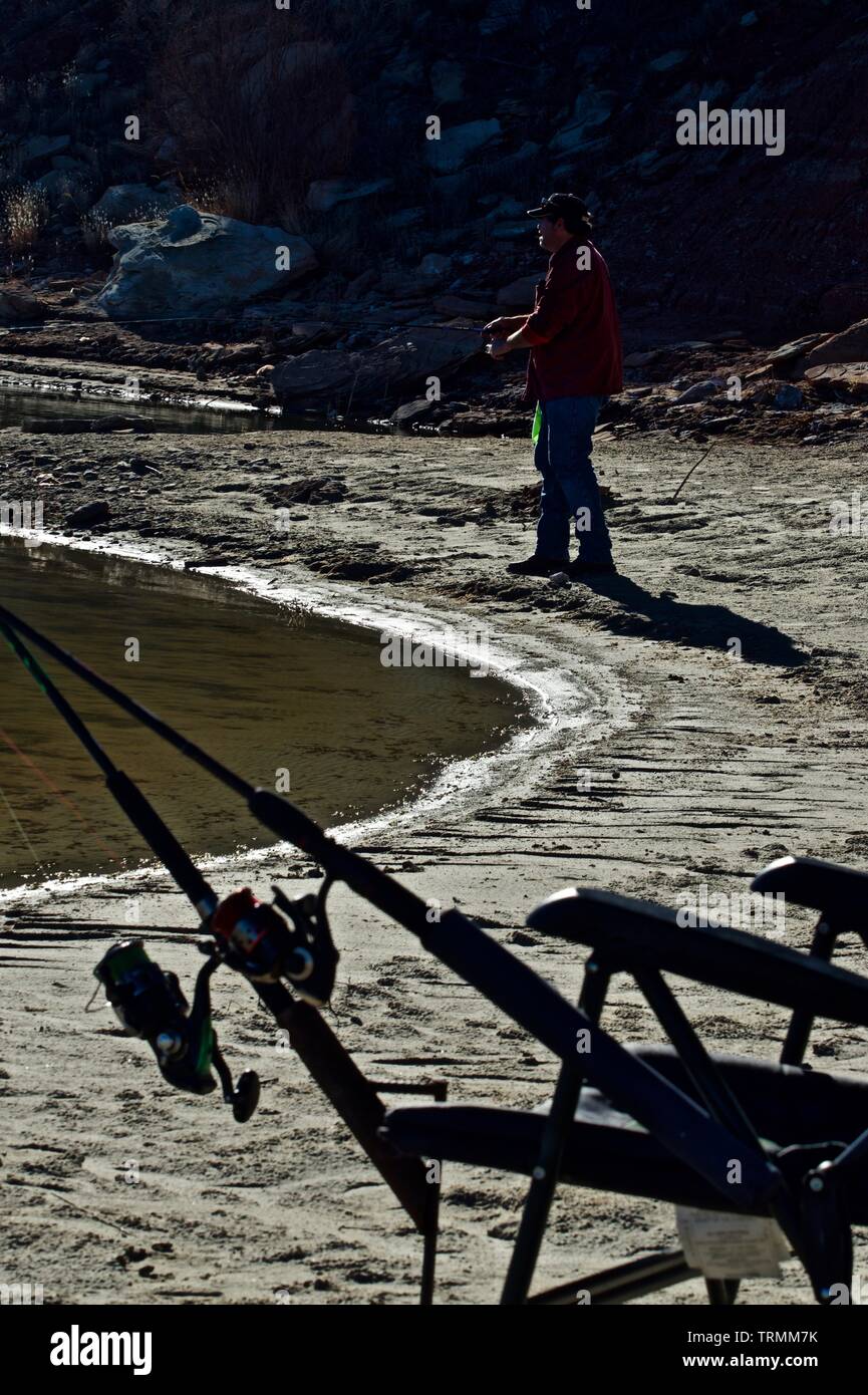 Canne da pesca enunciati, Lago di McKinsey, Texas, Texas Panhandle. Foto Stock