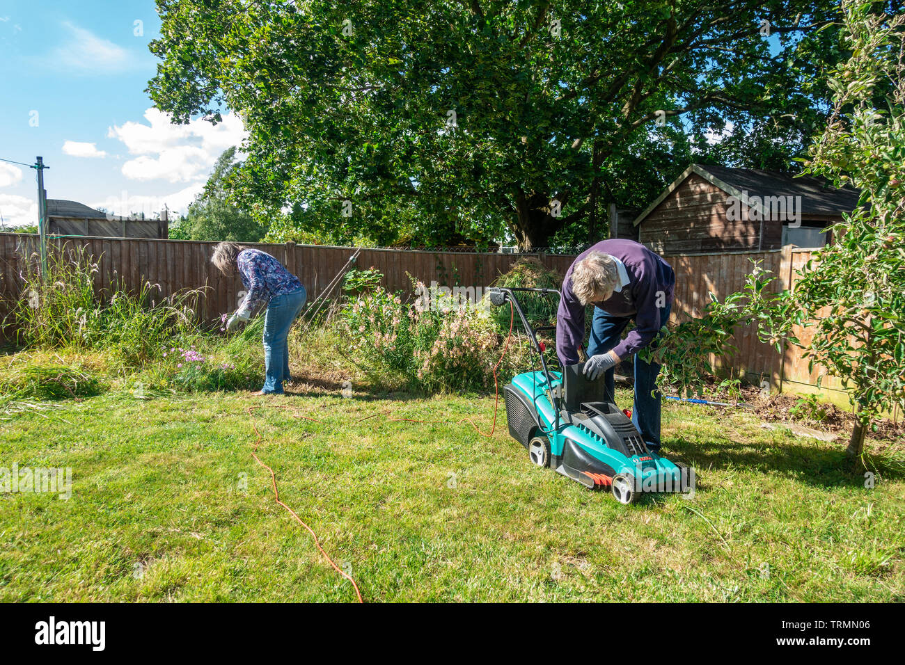 Una coppia in pensione facendo qualche giardinaggio in un giardino residenziale. La signora esegue alcune operazioni di diserbatura mentre l'uomo mows il prato con un tosaerba clectric. Foto Stock