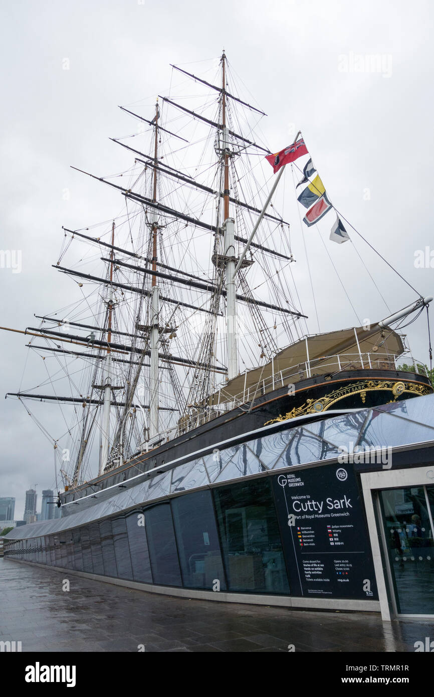 Il clipper da tè Cutty Sark restaurato a Greenwich, Londra, Inghilterra, Regno Unito Foto Stock